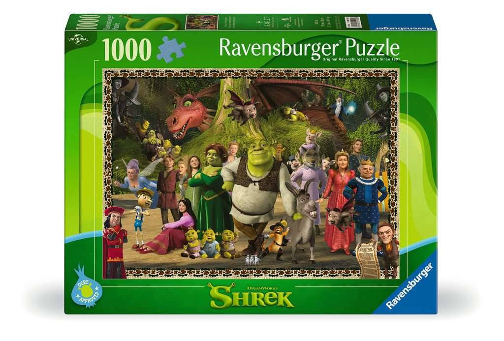 Ravensburger 1000-teiliges Shrek-Puzzle mit Schachtel, auf der Shrek und Charaktere aus dem Film auf einer grün umrandeten Verpackung zu sehen sind.