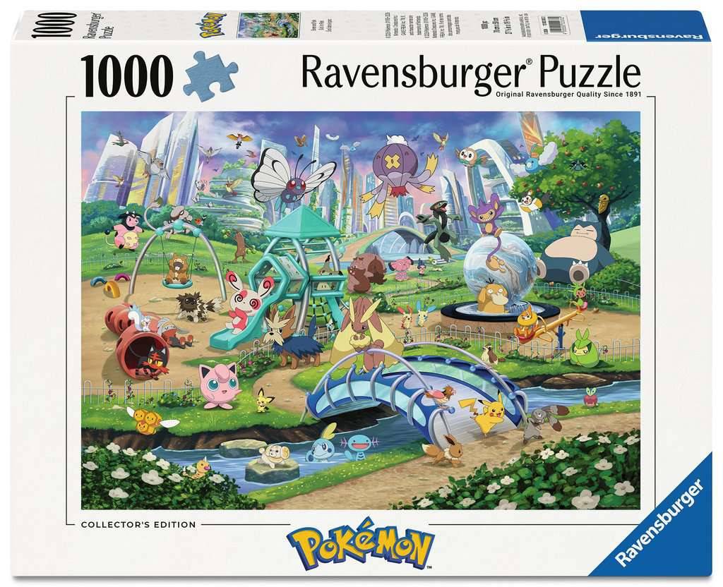 Karton eines 1000-teiligen Ravensburger Pokémon-Puzzles, das eine bunte Fantasy-Park-Szene mit vielen Pokémon um Spielplatzstrukturen und Brücken zeigt.