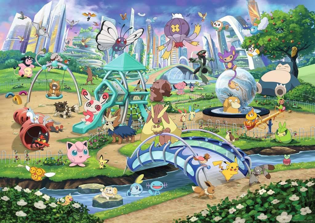 Farbenfrohe Pokémon-Szene in einem Park, mit vielen Charakteren, die um Spielplatzgeräte, Brücken, Teiche und grüne Wege unter einem strahlend blauen Himmel versammelt sind.