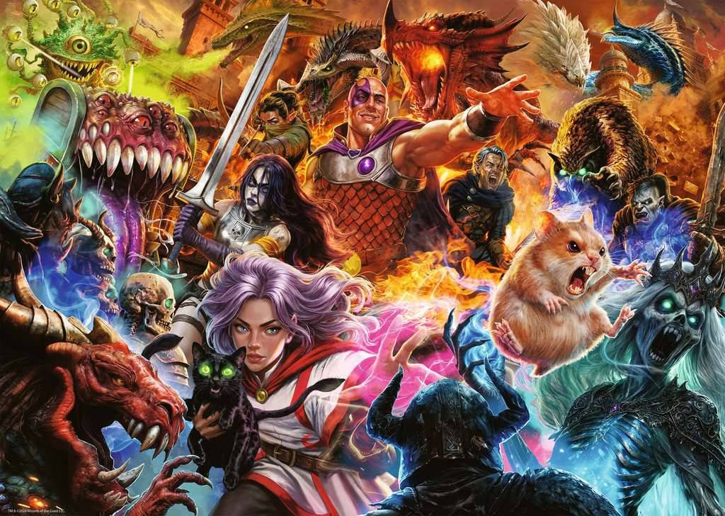 Fantasy-Kampf-Collage mit Helden, Monstern, Drachen und einem leuchtenden Krieger-Team inmitten chaotischer Kämpfe und Feuer