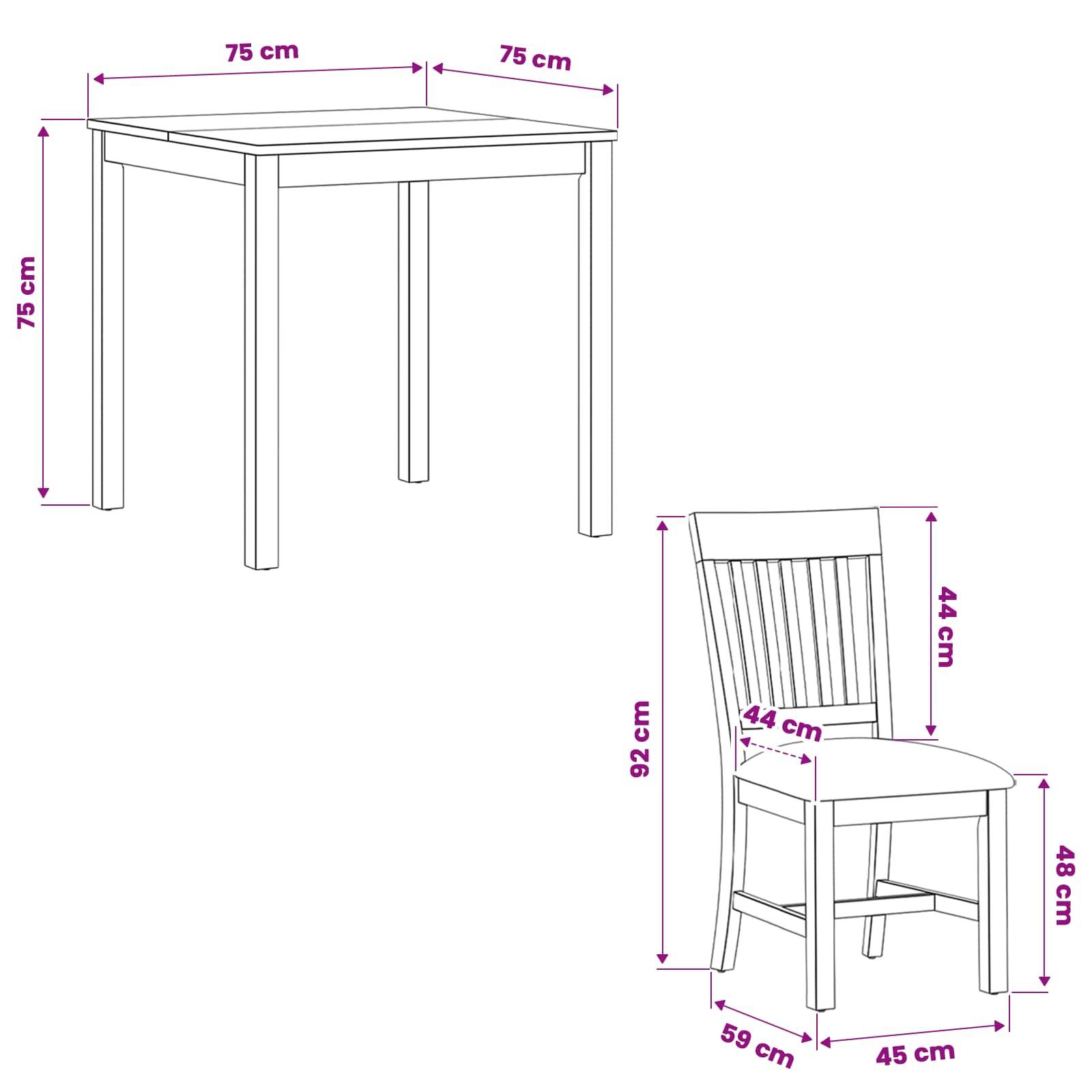 Maßstabgerechte Zeichnung eines quadratischen Tisches und passenden Stuhls, wobei der Tisch 75 cm x 75 cm und 75 cm hoch ist; der Stuhl ist 92 cm hoch, mit 44 cm Sitzfläche und 48 cm Sitzhöhe.