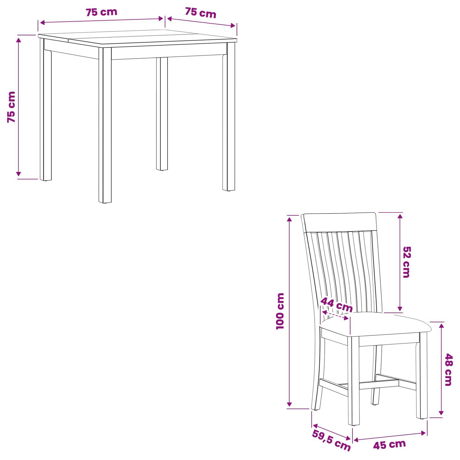 Bemaßte Linienzeichnung eines quadratischen Tisches, 75 cm x 75 cm und 75 cm hoch, sowie einen passenden Stuhl mit 100 cm Rückenlehne Höhe, 52 cm Sitzrückenlehne, 48 cm Sitzhöhe, 45 cm breit und 59,5 cm tief.