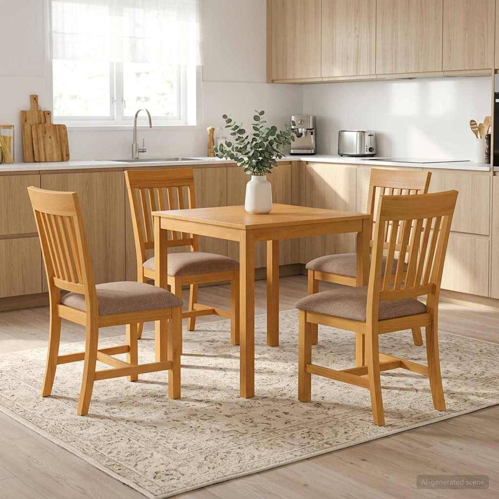 Moderner Küchen-Essbereich mit einem Holztisch, vier Stühlen und einer Vasendekoration auf einem gemusterten Teppich in einer hellen minimalistischen Küche.