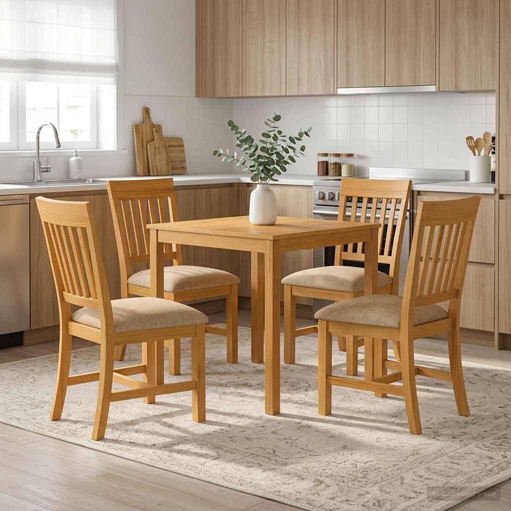 Heller Holzesstisch mit vier passenden Stühlen in einer hellen, modernen Küche, mit einer Vase mit Grünpflanzen in der Mitte des Tisches.
