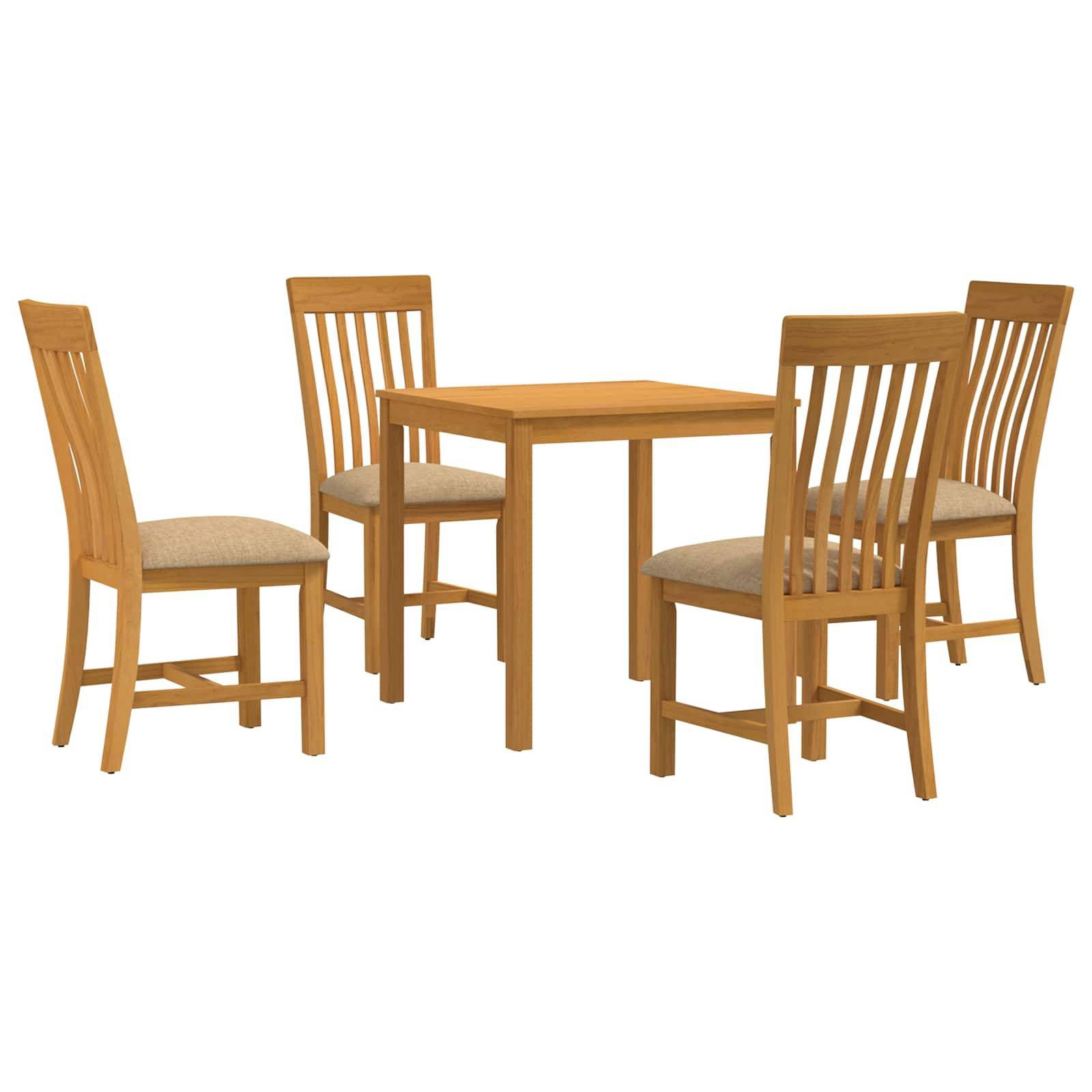 Holzspeiseset mit quadratischem Tisch und vier gepolsterten Stühlen auf weißem Hintergrund.