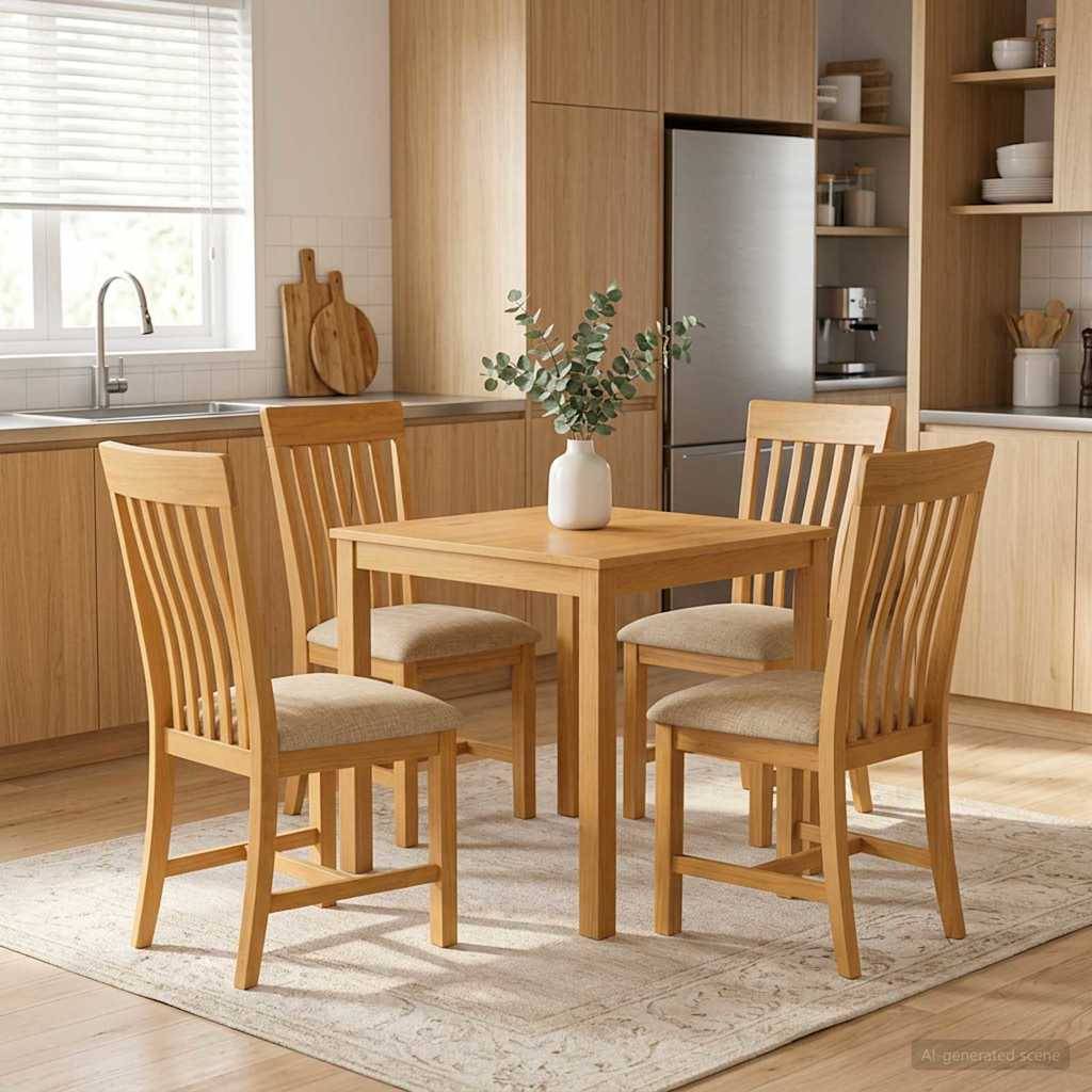 Holztisch mit vier Stühlen in einer hellen, modernen Küche, mit einer Vase als Mittelpunkt auf einem gemusterten Teppich.