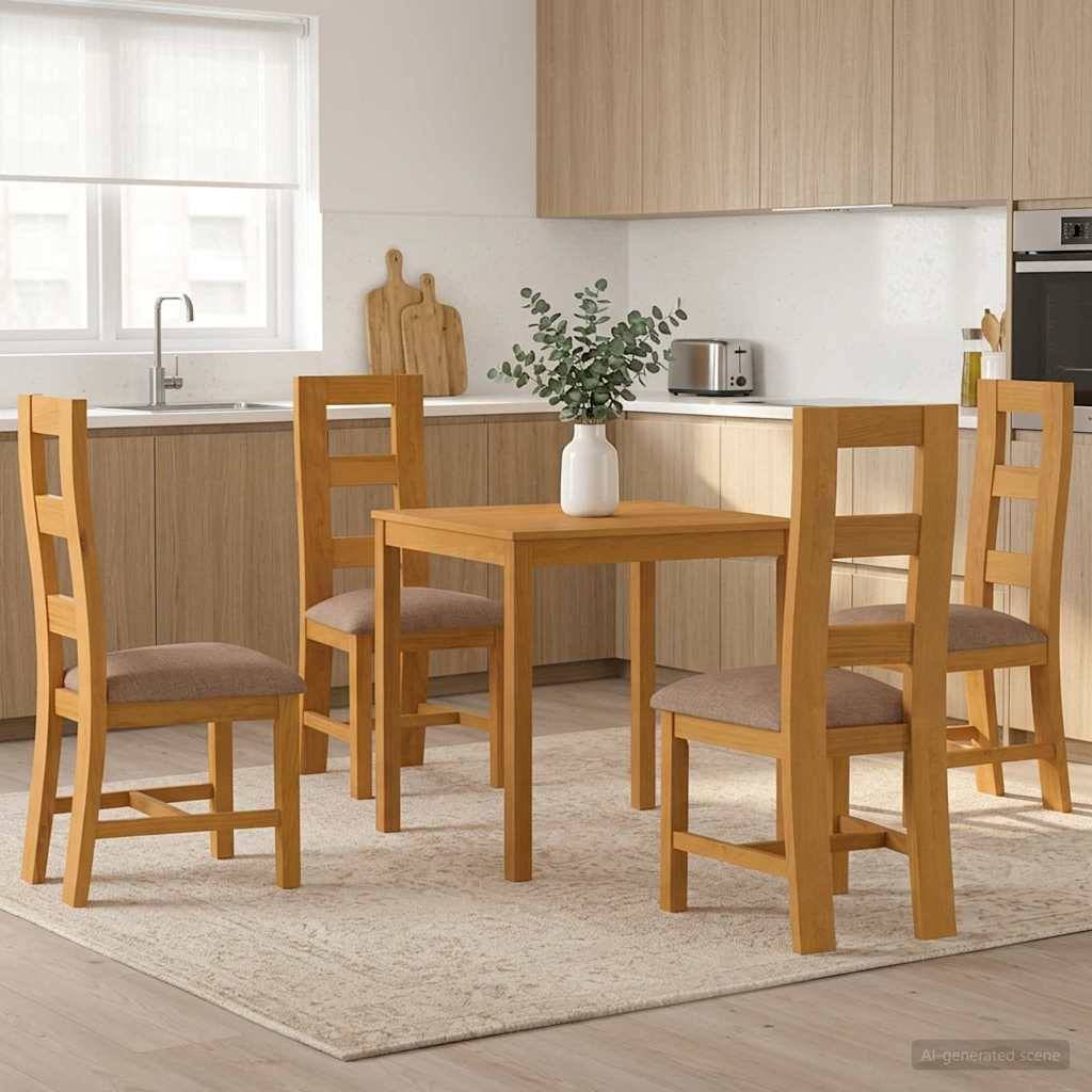 Moderner Küchen-Essbereich mit einem Holztisch, vier Stühlen und einer Vase als Tischmitte auf einem hellen Teppich.