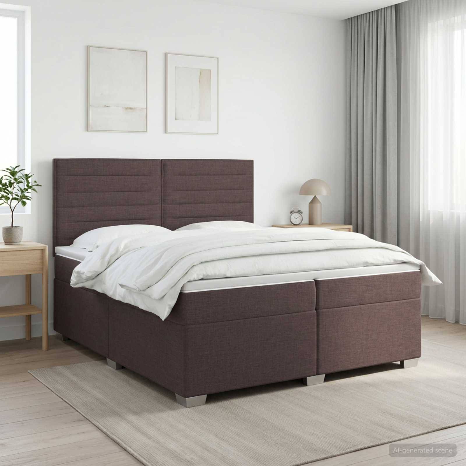 Modernes Schlafzimmer mit einem dunkel gepolsterten Bett mit weißer Bettwäsche, daneben ein Nachttisch, eine Lampe und ein gerahmtes Wandbild neben einem Fenster.