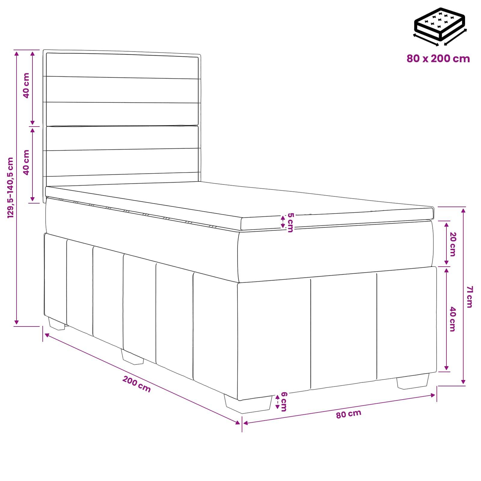 Maßstabgerechte Liniendarstellung eines Einzelbetts: 200 cm lang, 80 cm breit, 129,5-140,5 cm hoch, mit Kopfteil und 5 cm Matratze dargestellt.