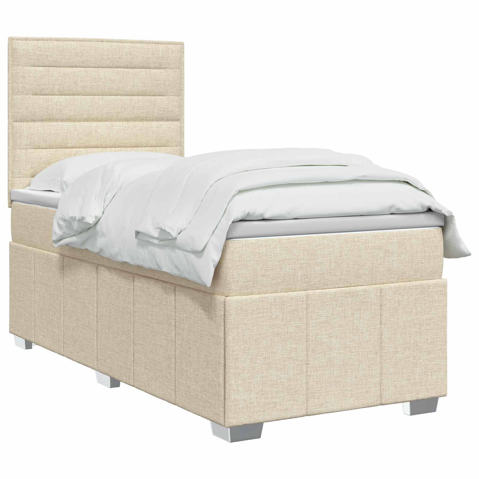 Beiges Einzelbett mit hohem gepolstertem Kopfteil und weißer Bettwäsche vor neutralem Hintergrund.