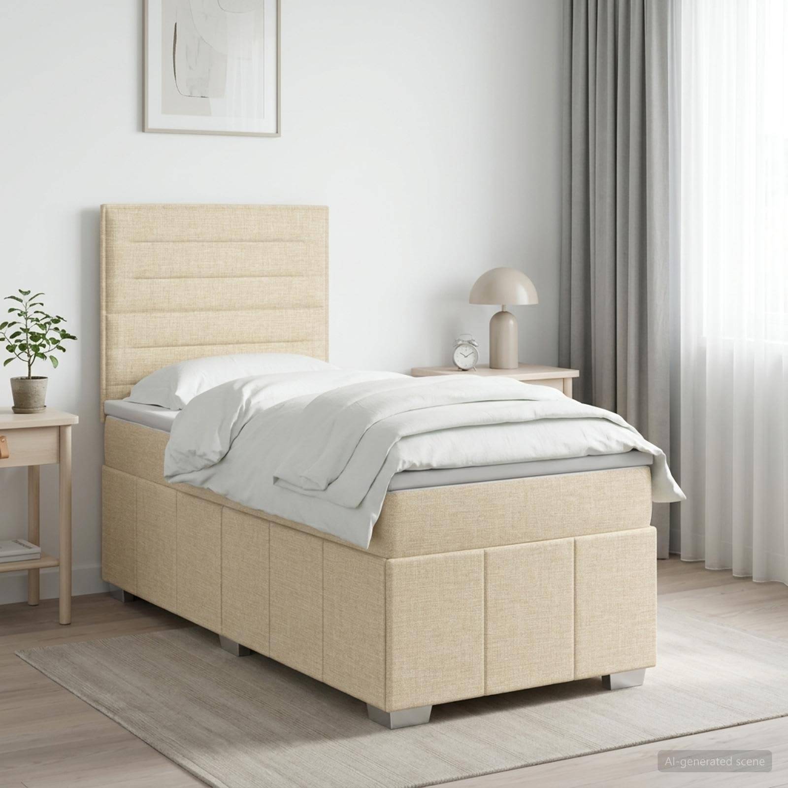 Beige gepolstertes Einzelbett mit hohem Kopfteil in einem hellen minimalistischen Schlafzimmer mit Nachttischen, Lampe, Pflanze und Vorhängen.