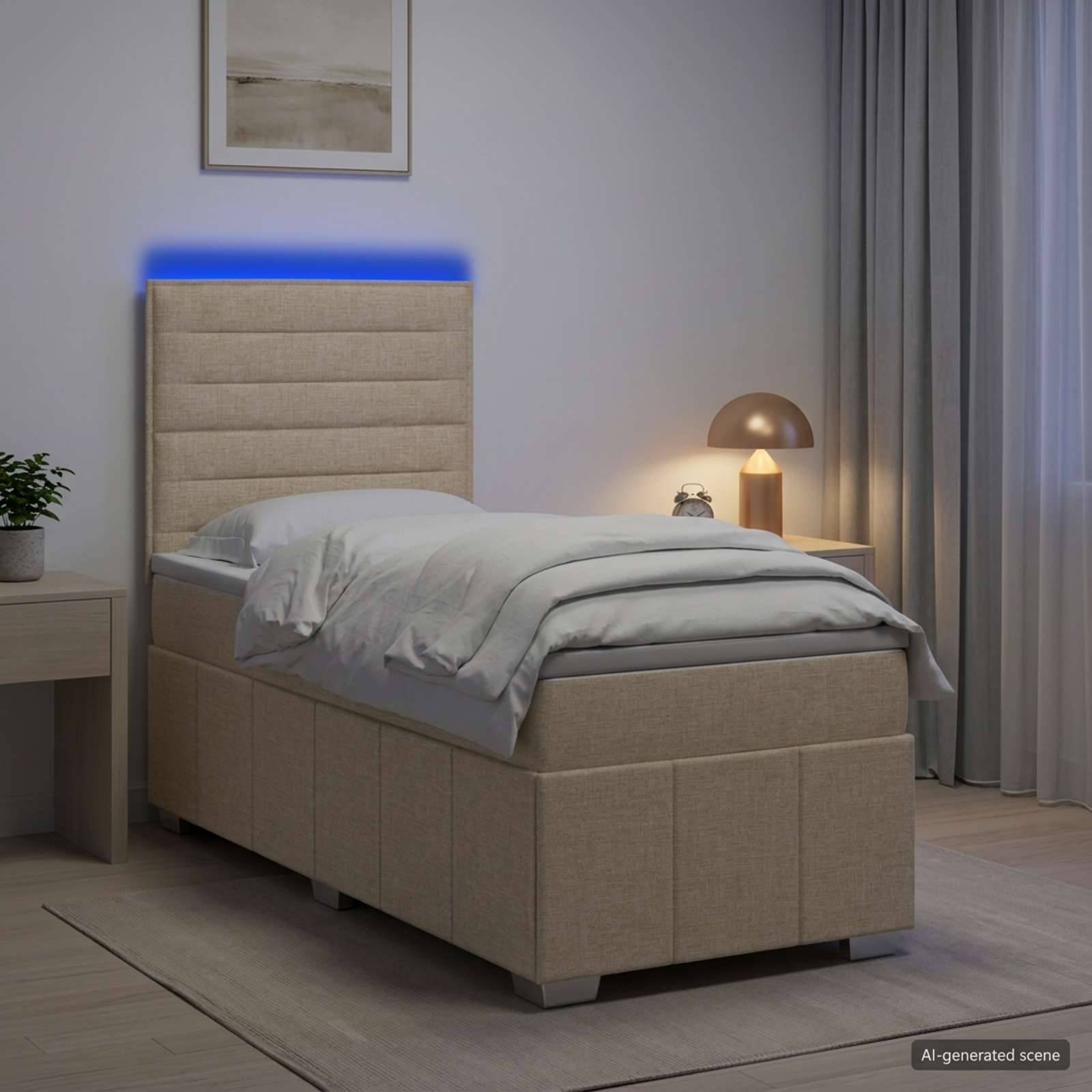 Einzelbett mit gepolstertem beigefarbenem Kopfteil und Speicherbasis in einem sanft beleuchteten modernen Schlafzimmer; blaues Licht hebt die Oberseite des Kopfteils hervor.