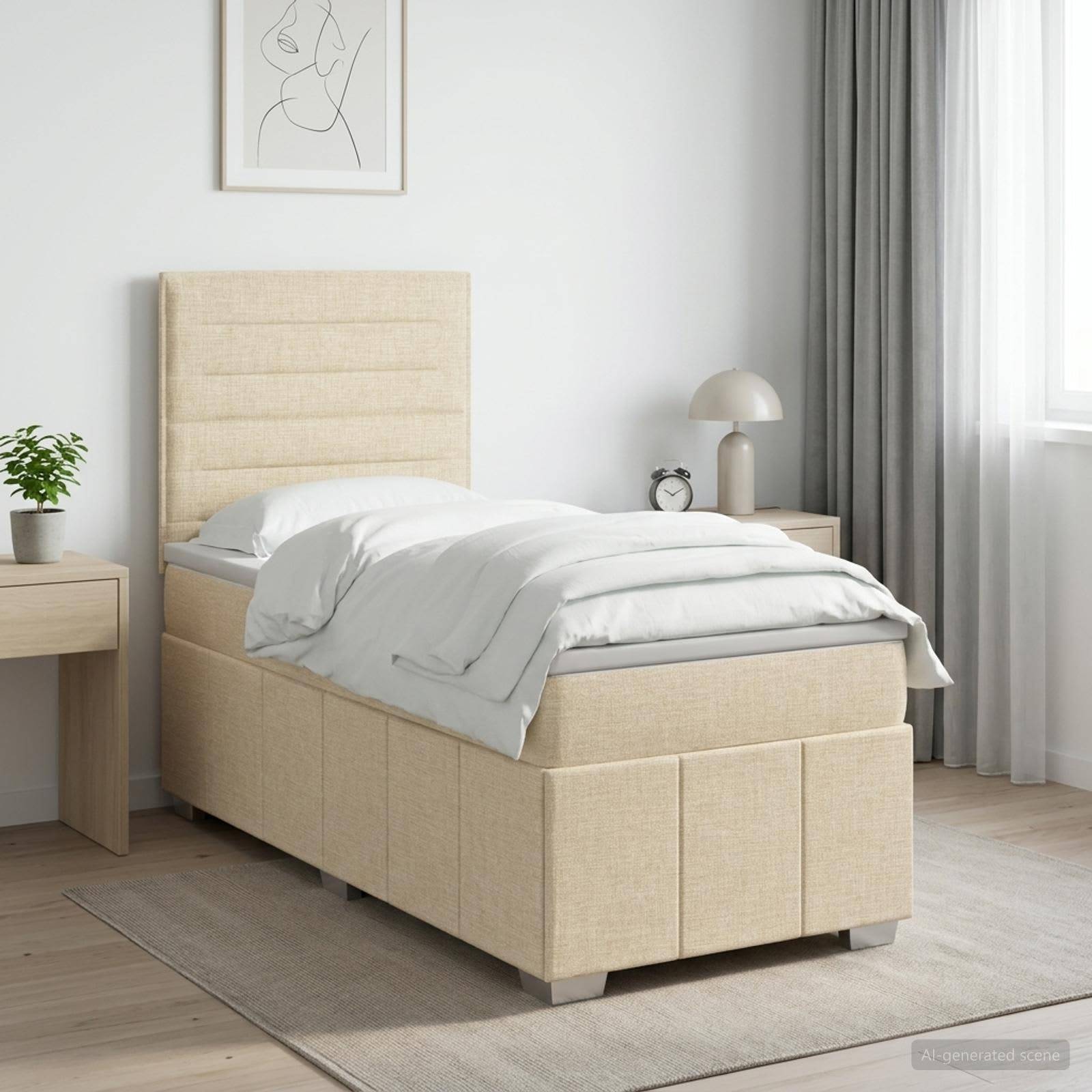 Ein ordentlich gemachtes beiges Polsterbett in einem hellen, minimalistischen Schlafzimmer mit Nachttisch, Lampe, Pflanze und Fenster mit Vorhängen.