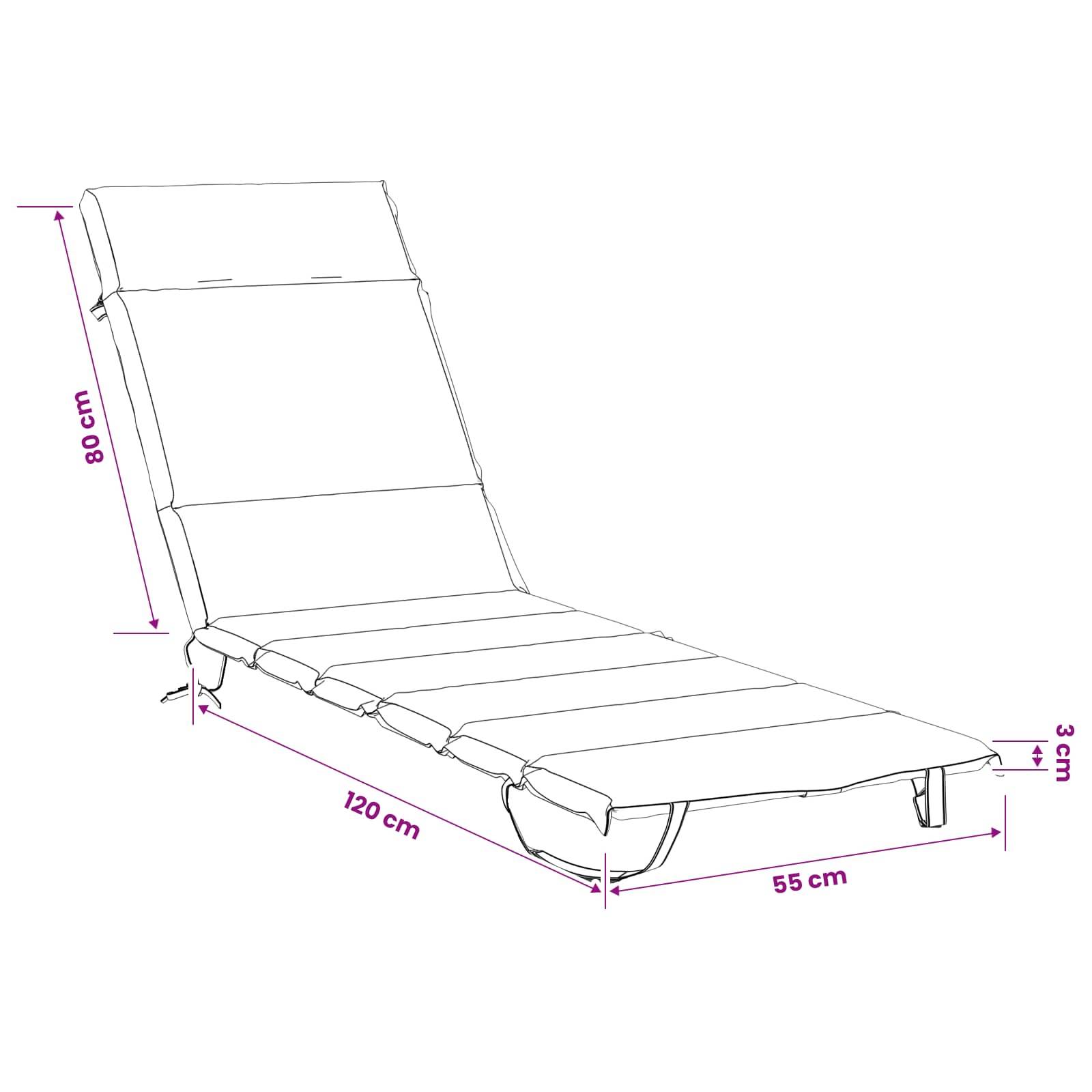 Diagramm eines verstellbaren Liegestuhls mit Abmessungen: 80 cm Rückenhöhe, 120 cm Länge, 55 cm Breite und 3 cm Sitzhöhe.