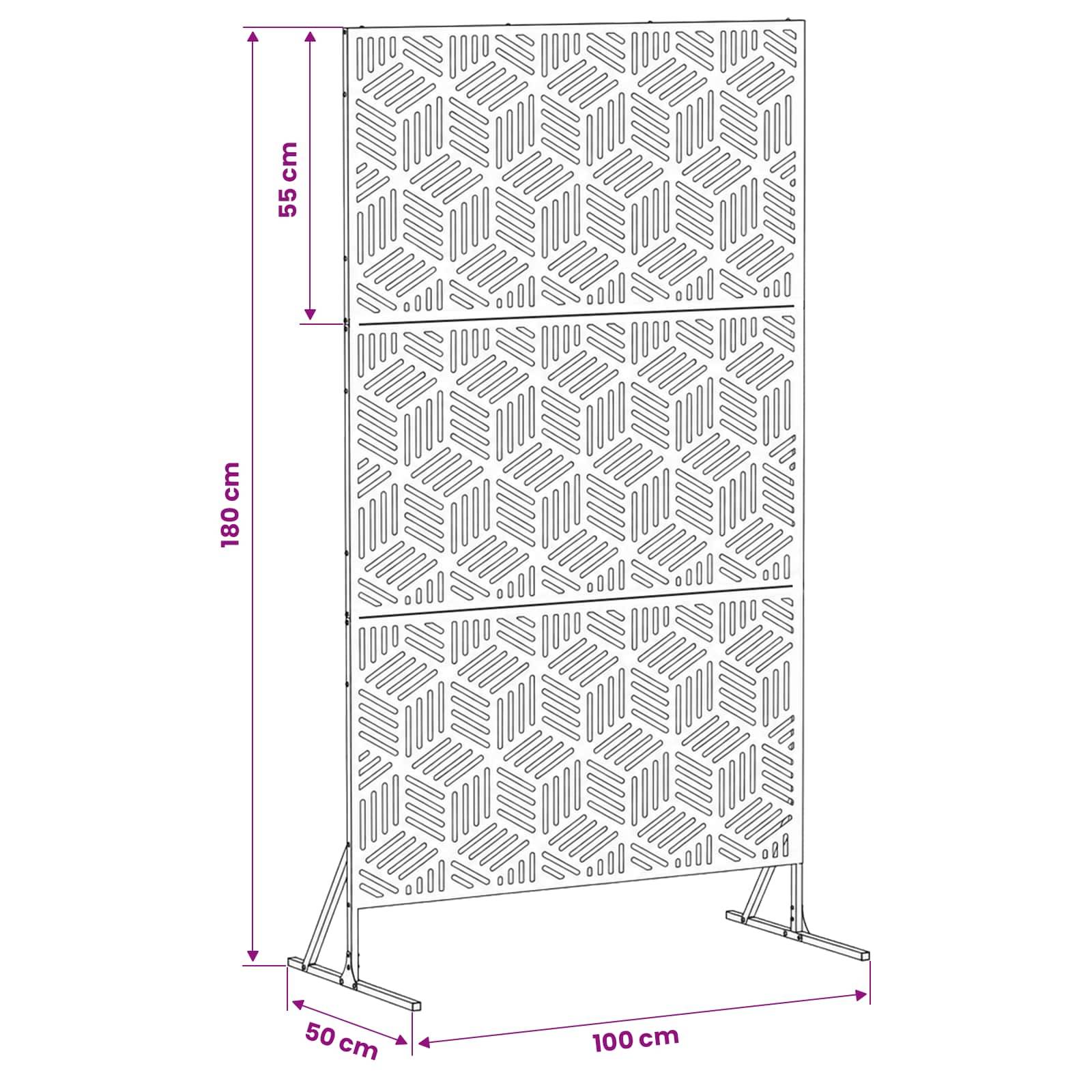 Bemaßte Zeichnung einer Sichtschutzwand mit Lochung auf schrägen Füßen, 180 cm hoch und 100 cm breit, mit 50 cm Basistiefen und 55 cm oberer Abschnitt.