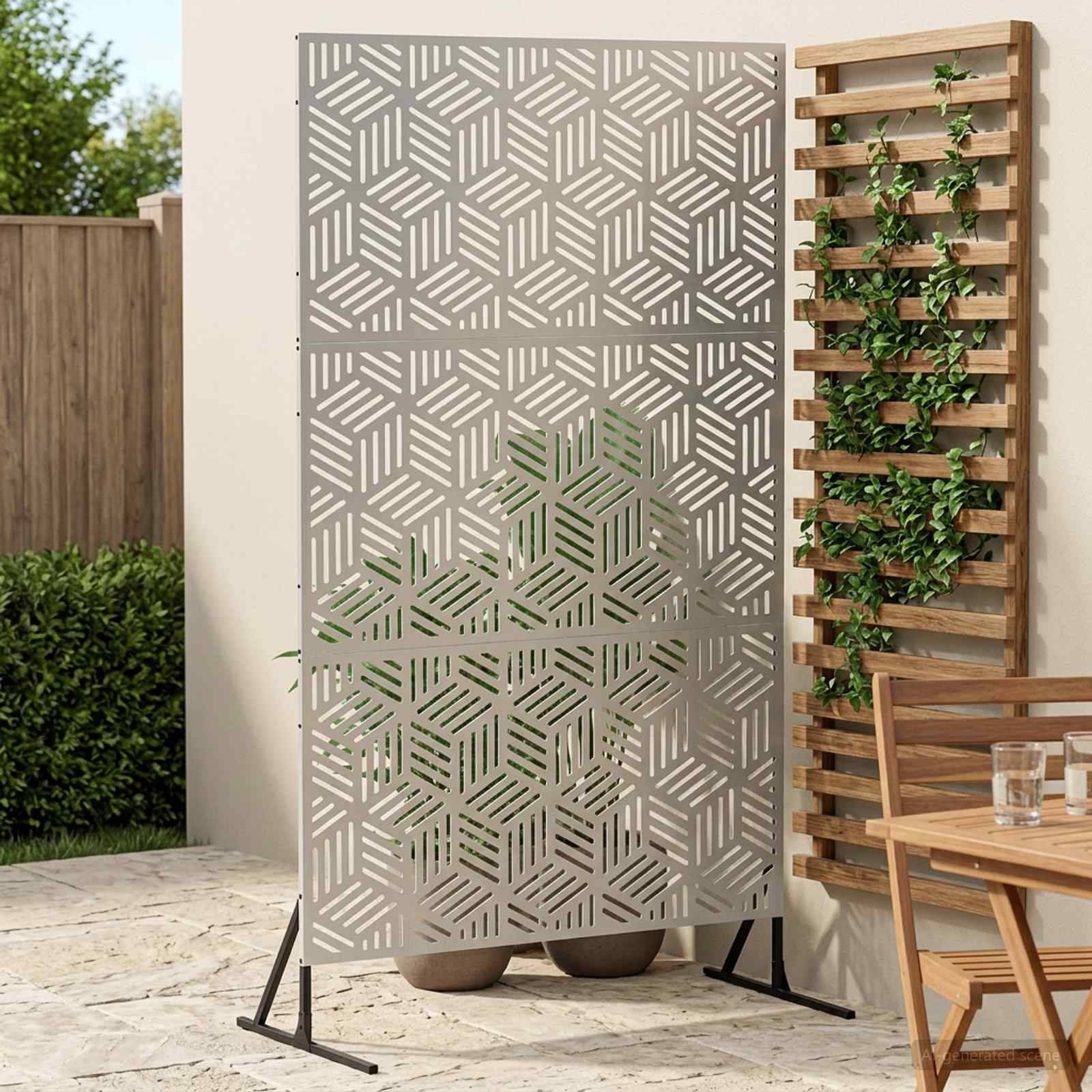 Dekorativer Sichtschutz für den Außenbereich mit geometrischen Ausschnitten auf einem Ständer neben einem Holzgitter mit Kletterpflanzen, neben einer Terrassensitzgruppe.