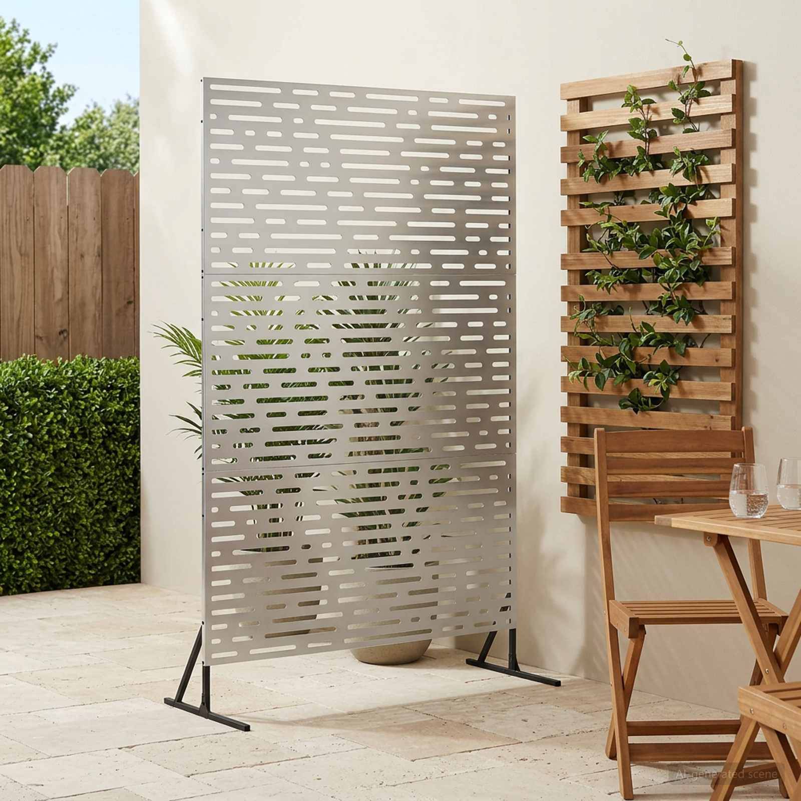 Außenterrasse mit einem freistehenden Sichtschutz aus Metalllamellen und einem an der Wand montierten Holz-Rankgitter neben einem Tisch und Stühlen.