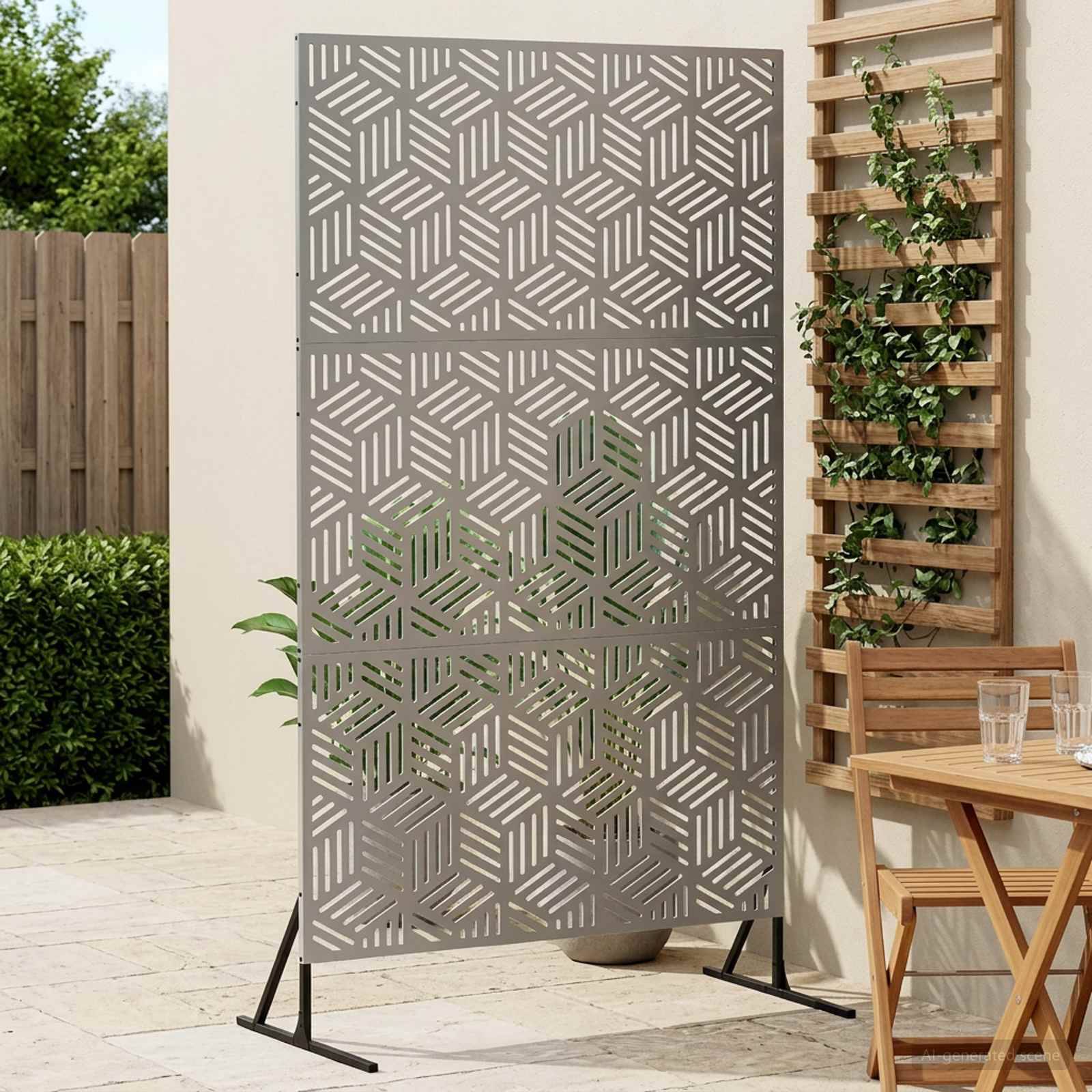 Freistehendes Metall-Sichtschutzelement für außen mit geometrischen Ausschnitten auf schwarzen Stützbeinen neben einem Terrassentisch und einer Wandrankhilfe mit Pflanzkübel.
