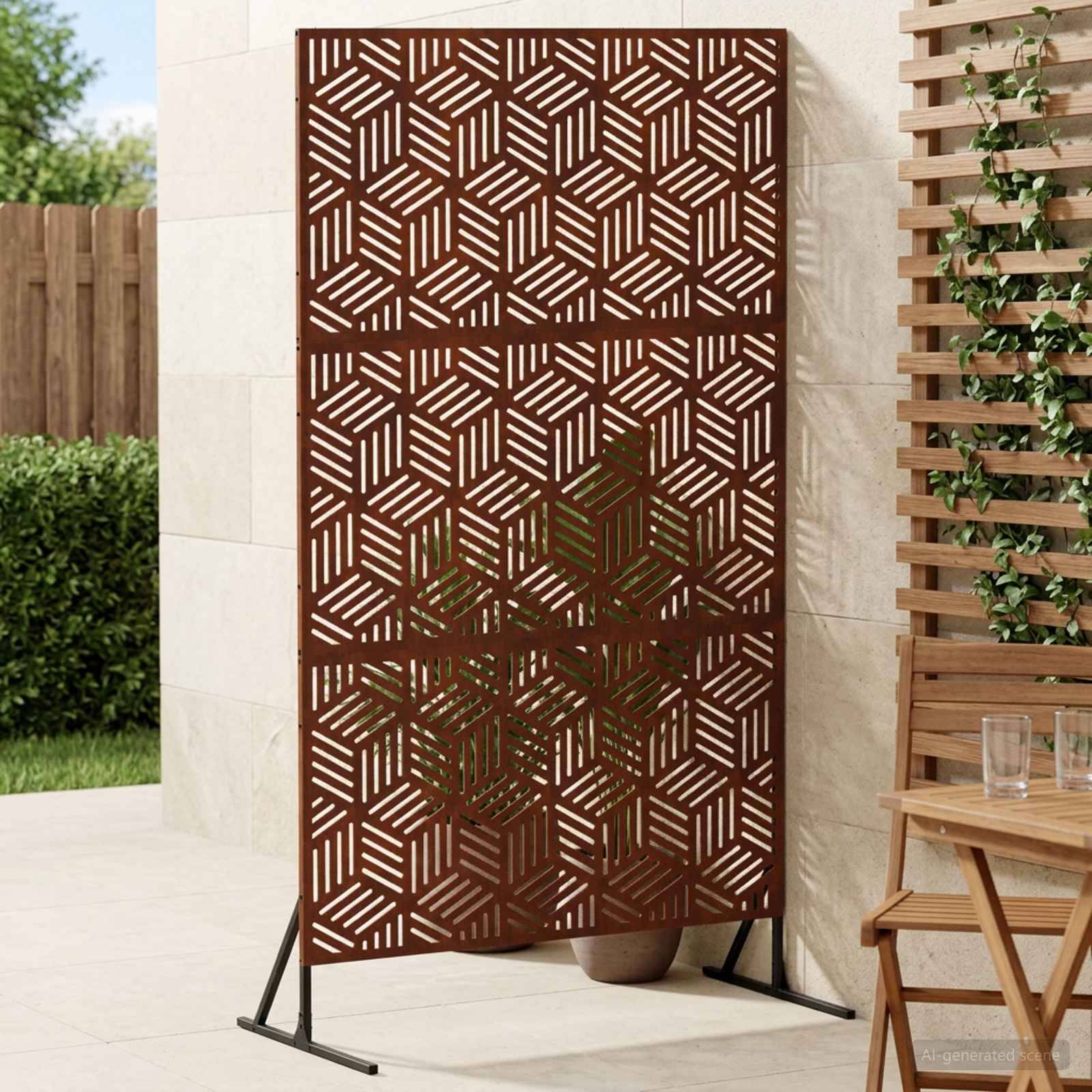 Dekorativer rostfarbener Metallsichtschutz mit geometrischem Ausschnittmuster auf einem Ständer, im Freien neben einem Terrassenstuhl und einem Blumenkübel aufgestellt.