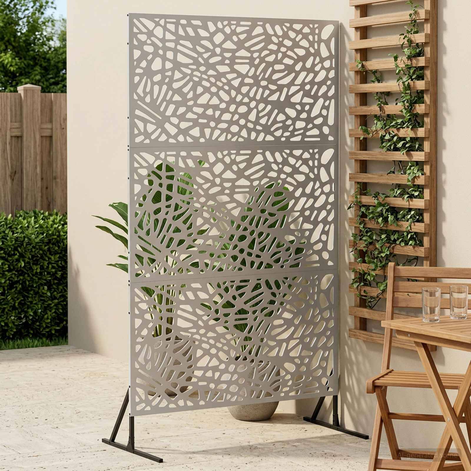 Dekorativer Metallsichtschutz für den Außenbereich mit abstraktem Blattausschnittmuster, freistehend auf schwarzen Beinen neben einer Terrassenwand und einem Tisch.