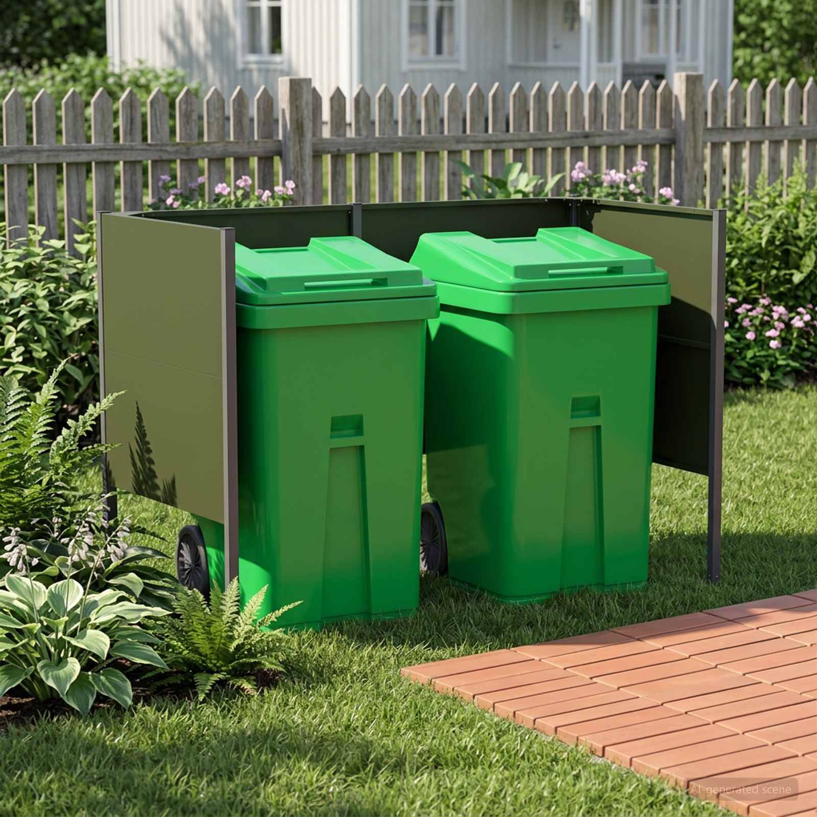 Zwei grüne Mülltonnen in einem kleinen Holzgehäuse in einem Garten hinter einem Haus, neben einer Ziegelmauer-Terrasse und einem Zaun.