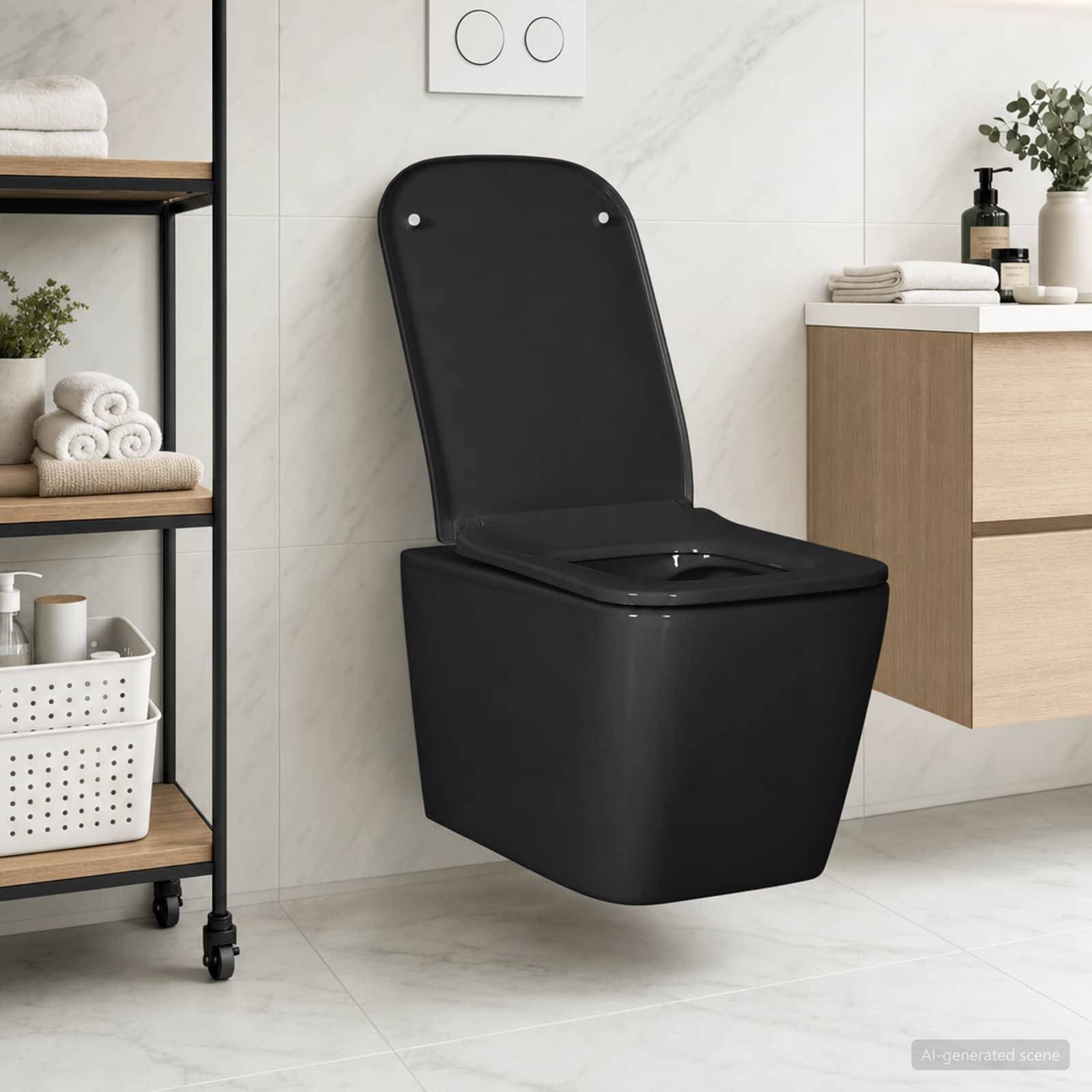 Schwarze wandmontierte Toilette in einem modernen Badezimmer mit Holzwaschtisch, Handtüchern, Regal und Steinfliesenwänden.