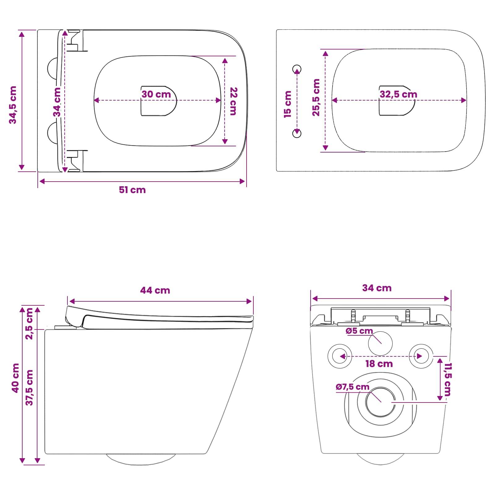 Diagramm der Toilettendimensionen mit Drauf-, Seiten- und Vorderansicht mit Messungen in cm: 51 x 34,5 Gesamtgröße, 44 lang, 40 hoch, und Schüssel-/Sitzbefestigungen mit den Beschriftungen 30, 32,5, 22, 25,5, 18, 15, 9,5, 5 cm.