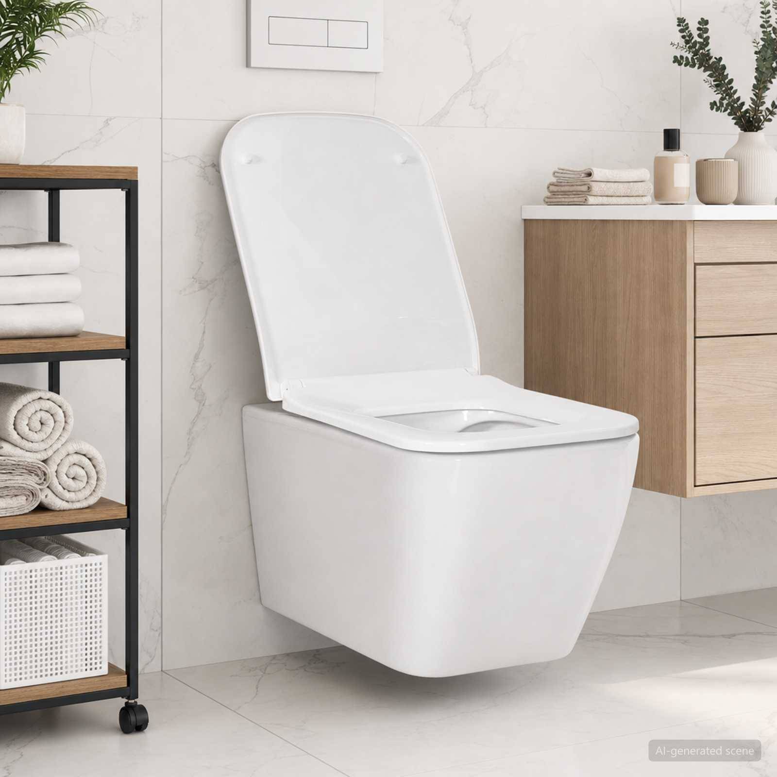 Eine an der Wand montierte weiße Toilette in einem modernen Badezimmer, dargestellt neben einem Handtuchregal und einem Holzwaschbecken mit gefalteten Handtüchern und Dekorationselementen.