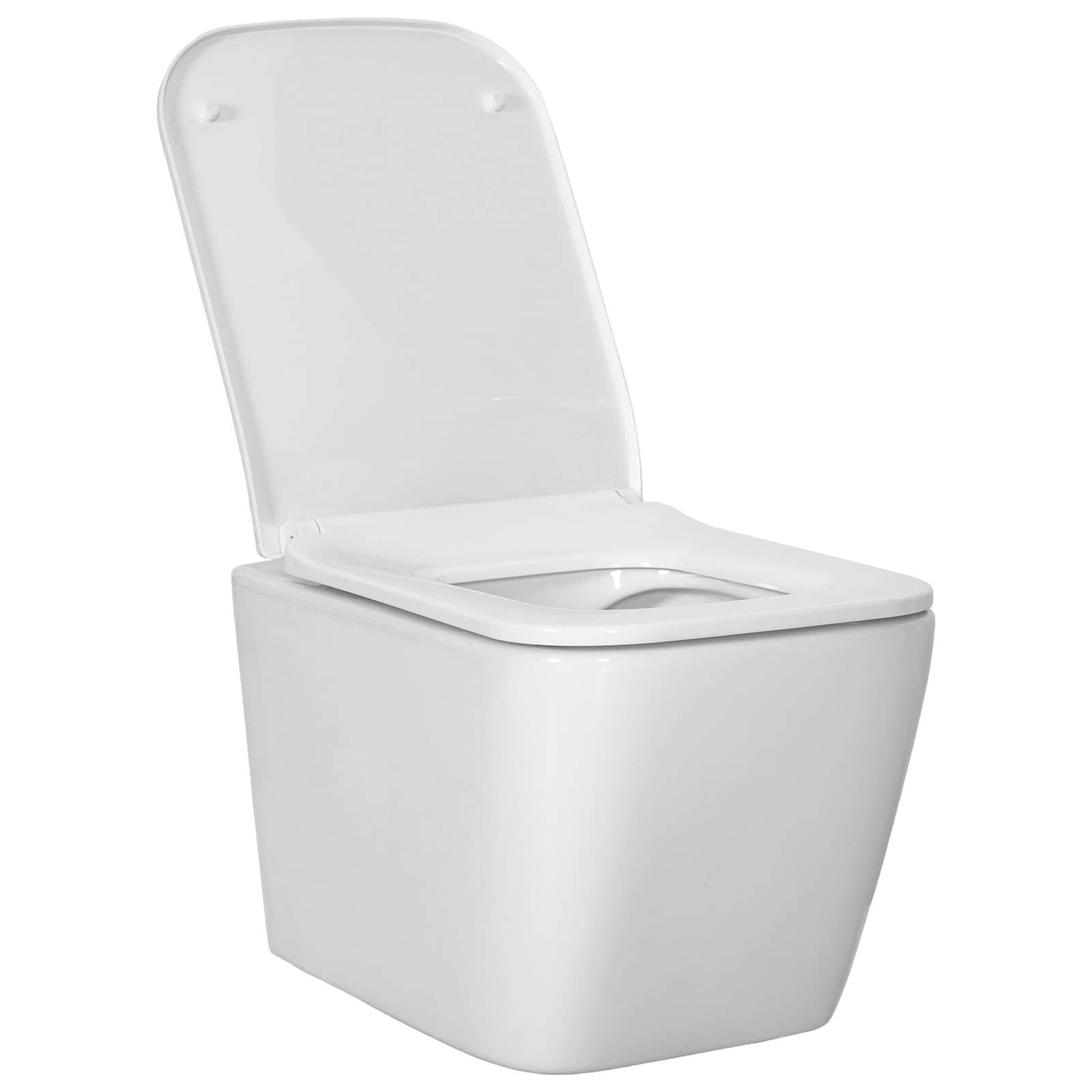 Modernes weißes Toilettenbecken mit hochgeklapptem Deckel und erhöhtem Sitz, auf neutralem Hintergrund dargestellt.