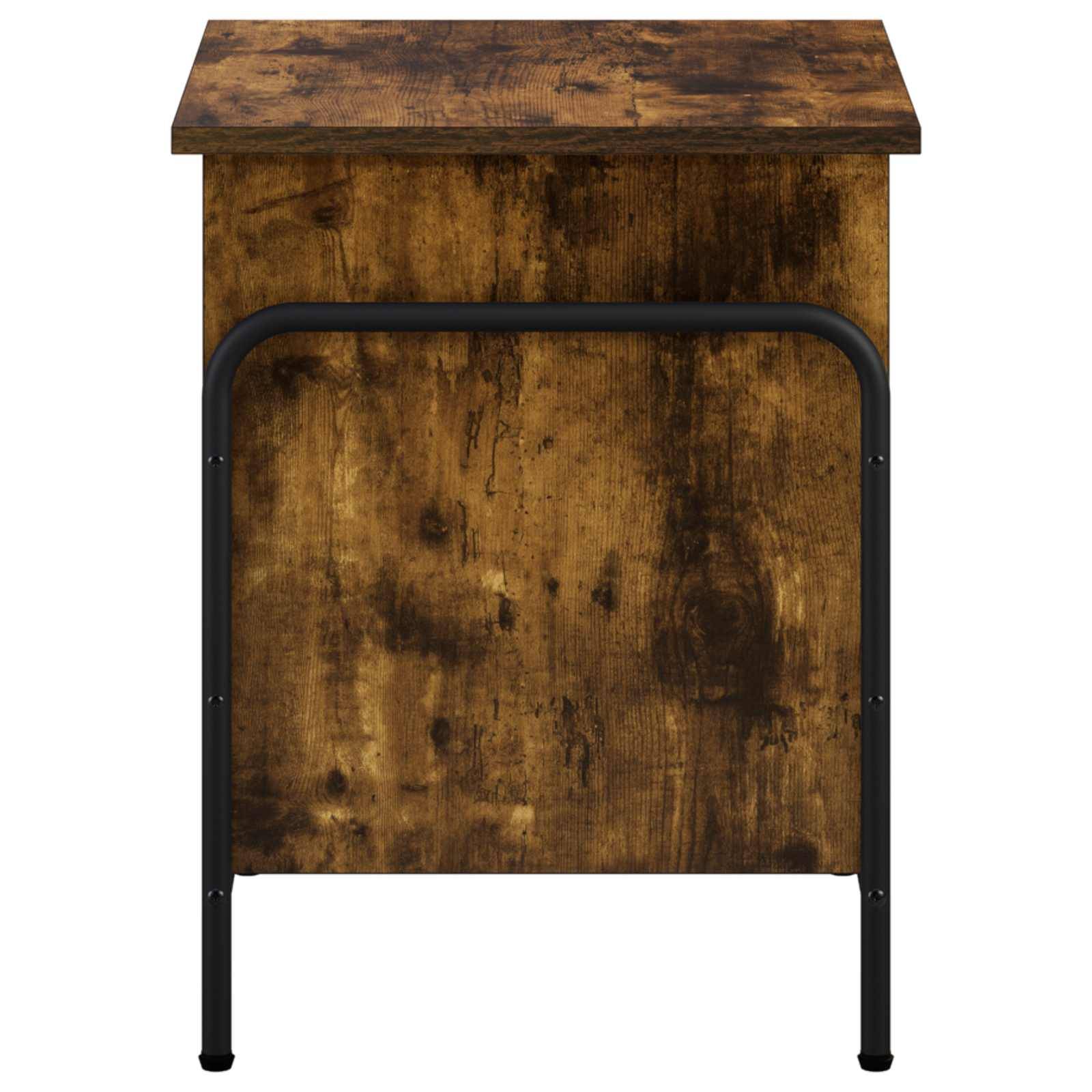 Rustikaler Holzschrank oder Beistelltisch mit dunklem Metallrahmen und Beinen, Vorderansicht auf weißem Hintergrund.