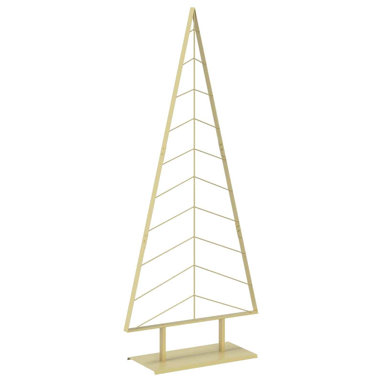 Minimalistische goldene Metallweihnachtsbaumdekoration auf rechteckiger Basis, geformt wie eine hohe dreieckige Kontur mit horizontalen Ast-Streben.