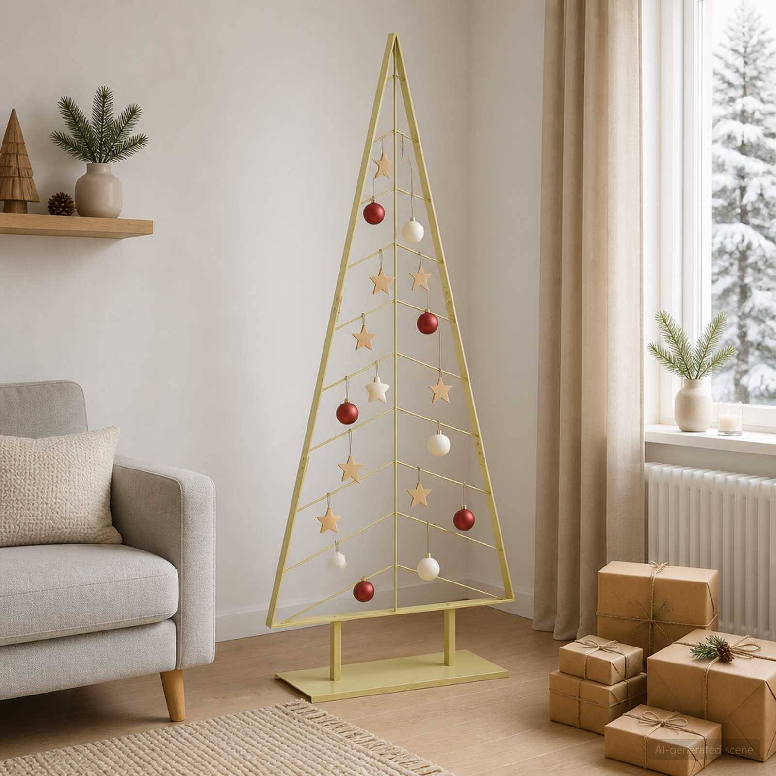 Moderne minimalistische Weihnachtsbaumdekoration mit roten und weißen Kugeln und Sternengirlanden, die in einem hellen Wohnzimmer neben eingepackten Geschenken und einem Sofa steht.