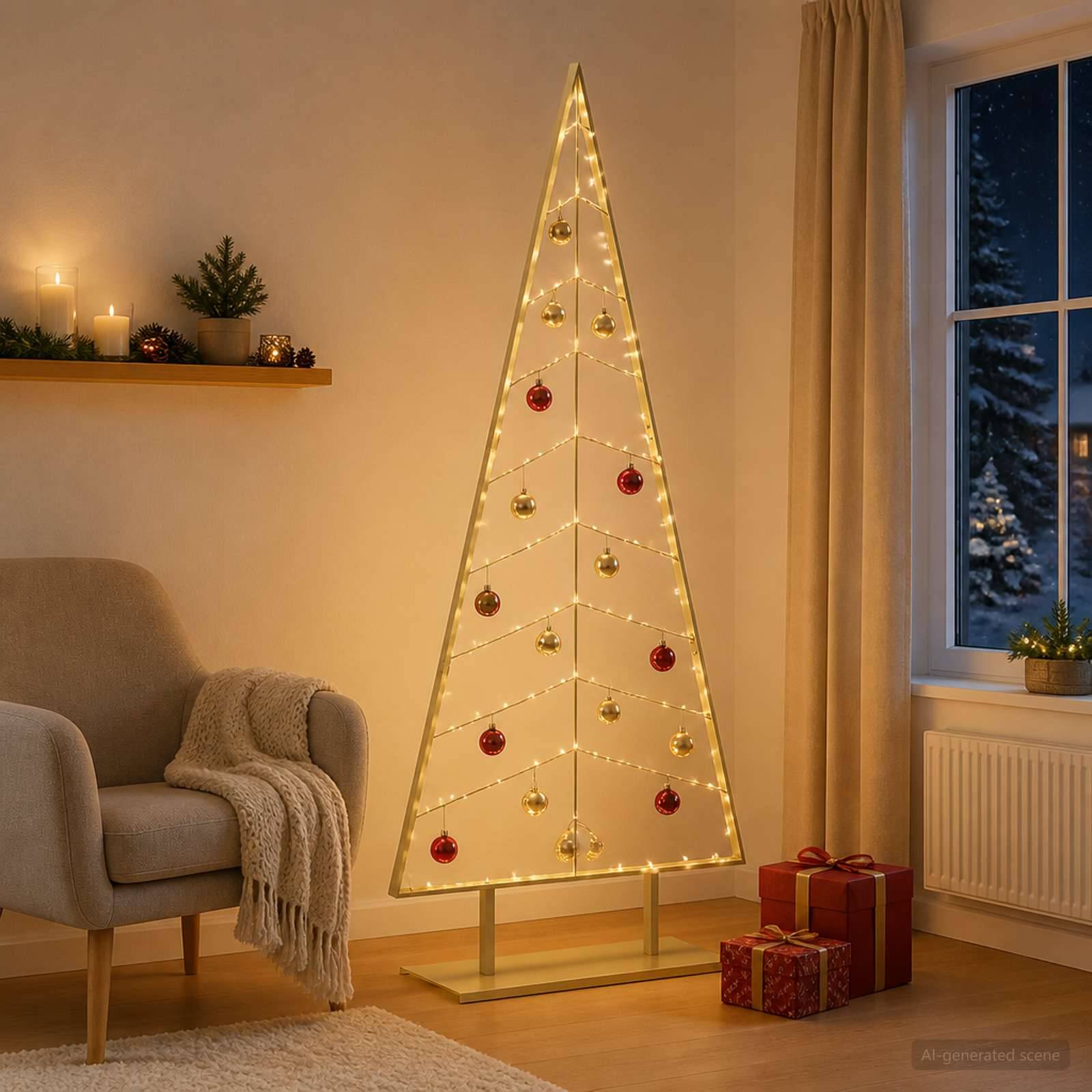 Ein moderner minimalistischer Weihnachtsbaum aus Lichterketten und Weihnachtskugeln auf einem Ständer, mit eingepackten Geschenken daneben in einem gemütlichen Wohnzimmer an einem Fenster.