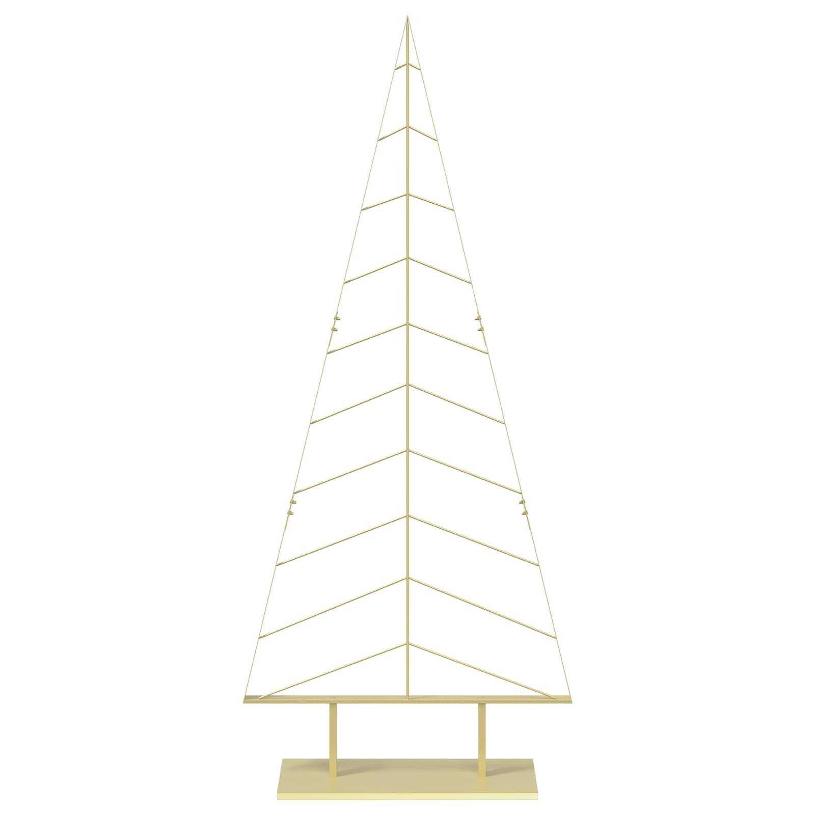 Minimalistischer goldener Weihnachtsbaum aus Drahtrahmen auf einem rechteckigen Ständer vor weißem Hintergrund.