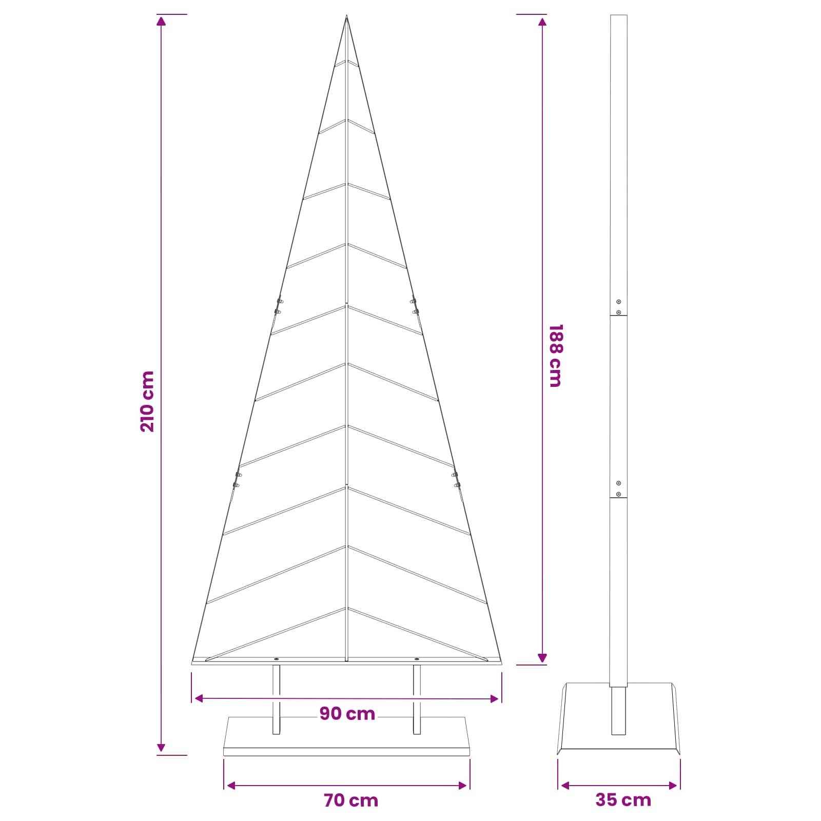 Maßstabsgerechte Zeichnung eines dreieckigen Segels oder Vordachs: 210 cm Gesamthöhe, 188 cm Pollenhöhe, 90 cm Basisbreite, 70 cm Stützbreite, 35 cm Basistiefe.