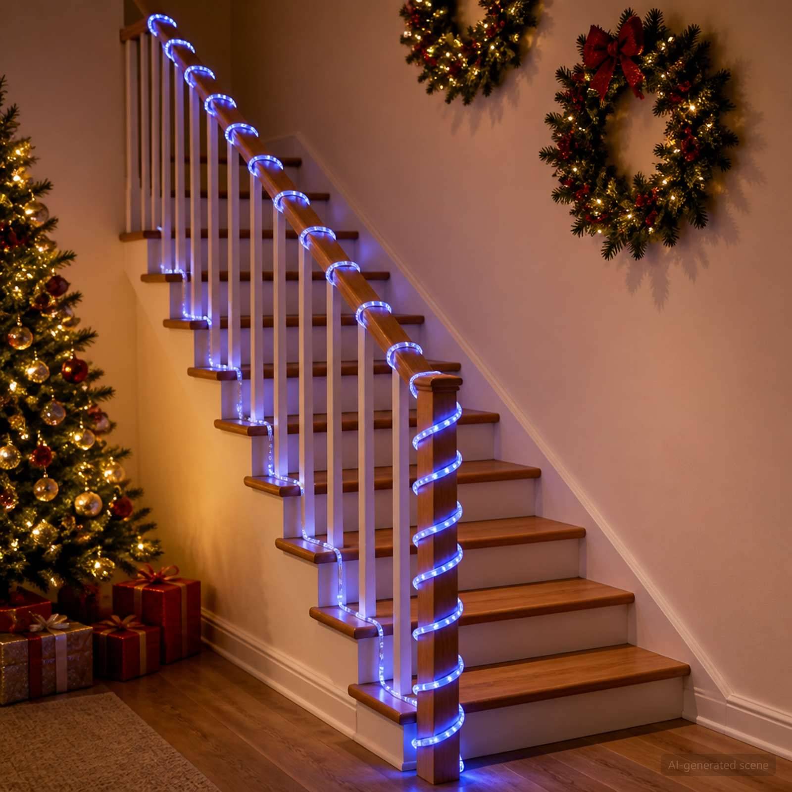 Innentreppenhaus mit blauen LED-Leuchten dekoriert und Weihnachtskränzen neben einem geschmückten Baum und verpackten Geschenken, die eine festliche Weihnachtsszenerie schaffen.