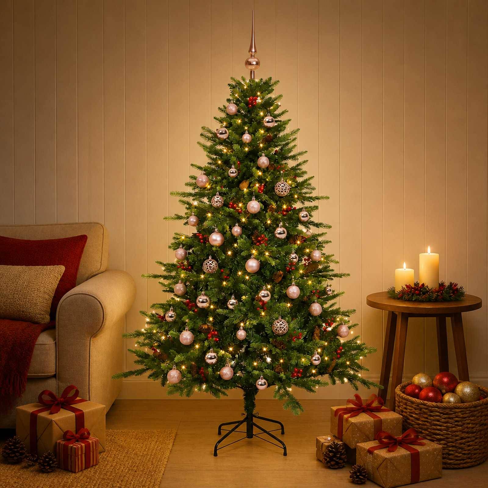 Dekorierter Weihnachtsbaum in einem gemütlichen Wohnzimmer mit eingepackten Geschenken, Kerzen und einem Korb mit Christbaumkugeln neben einem Sofa.