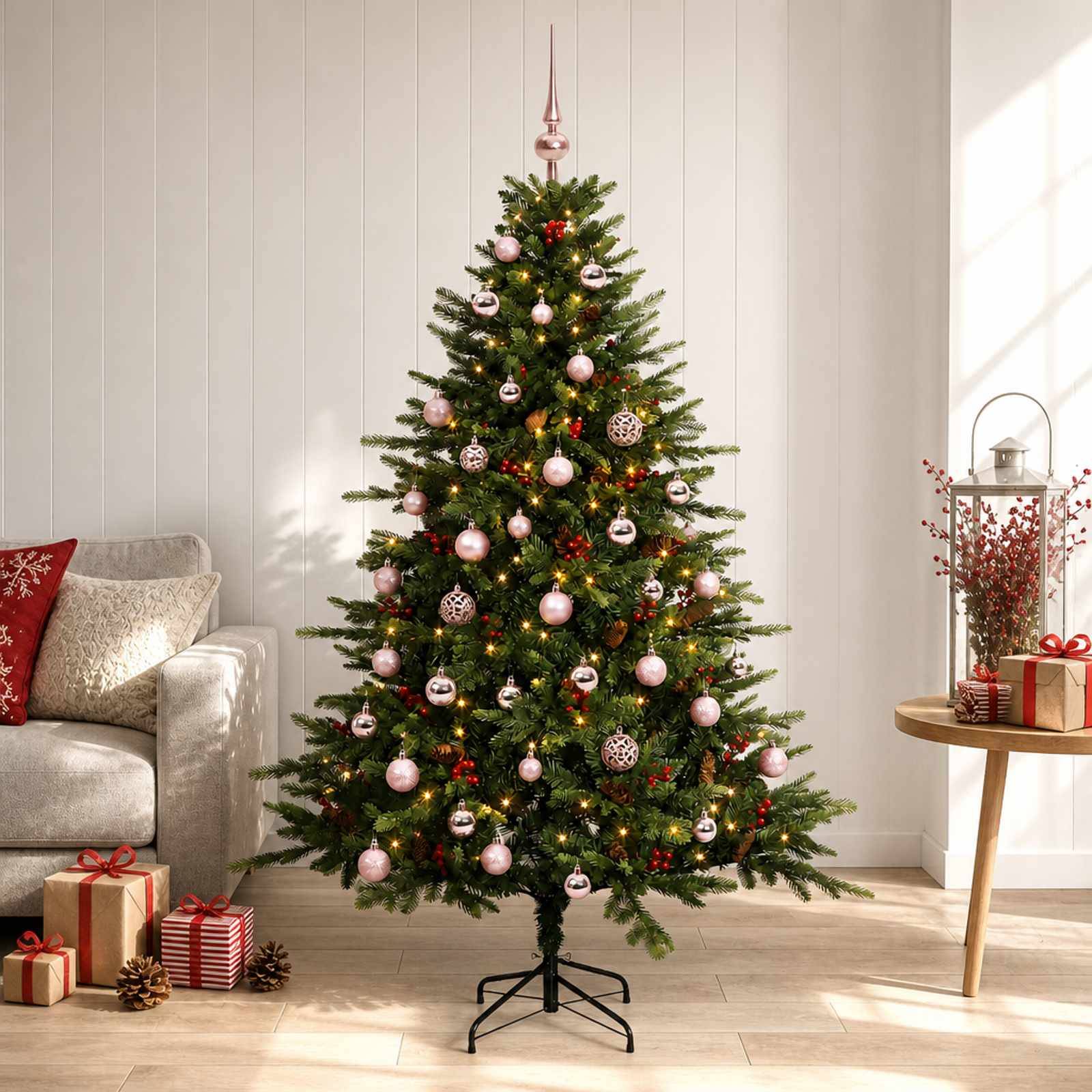Dekorierter Weihnachtsbaum mit rosa Ornamenten und Lichtern in einem hellen Wohnzimmer, mit verpackten Geschenken in der Nähe und einem Sofa und Beistelltisch im Hintergrund.