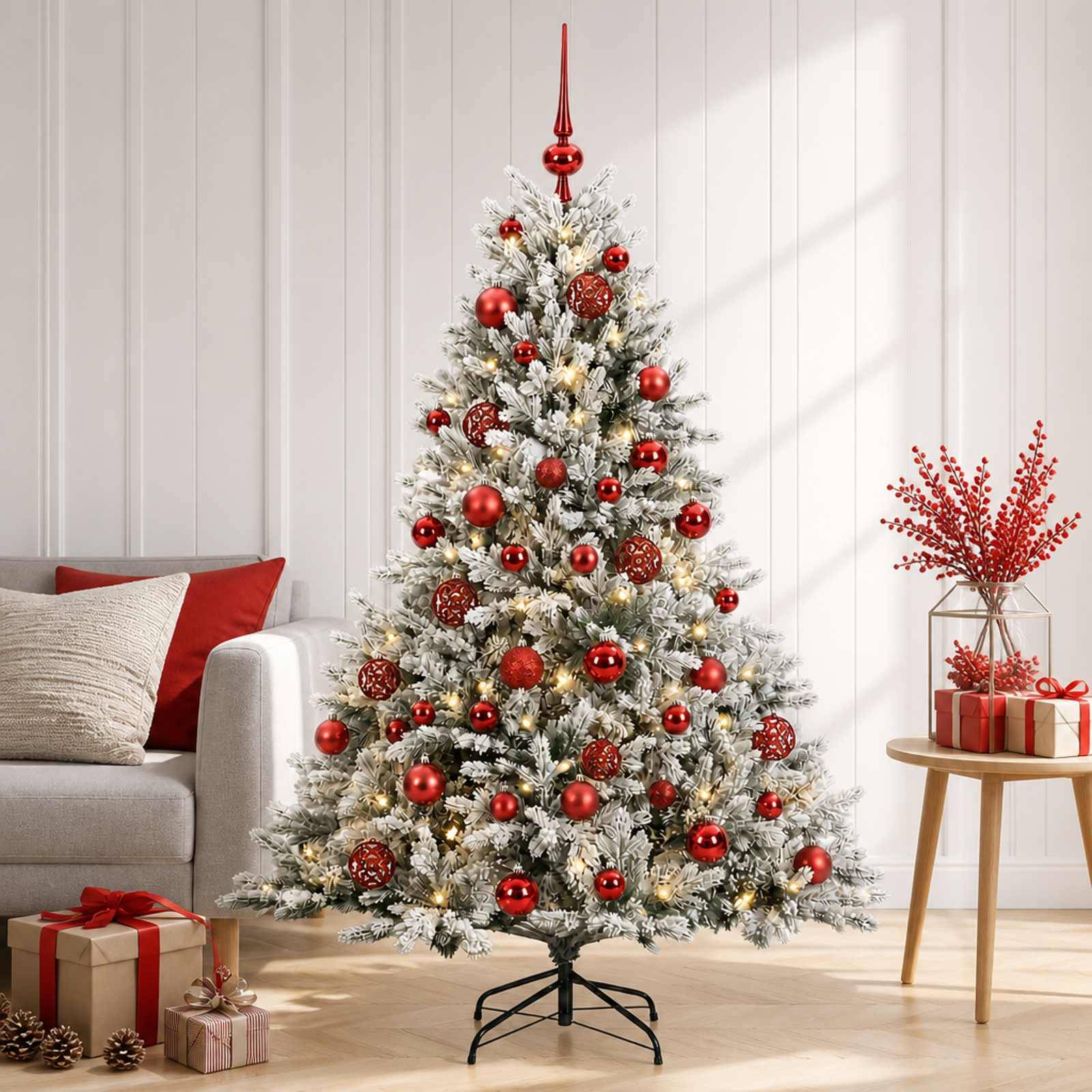 Schneebedeckter Weihnachtsbaum, geschmückt mit roten Kugeln und Lichtern, umgeben von eingepackten Geschenken in einem hellen Wohnzimmer.