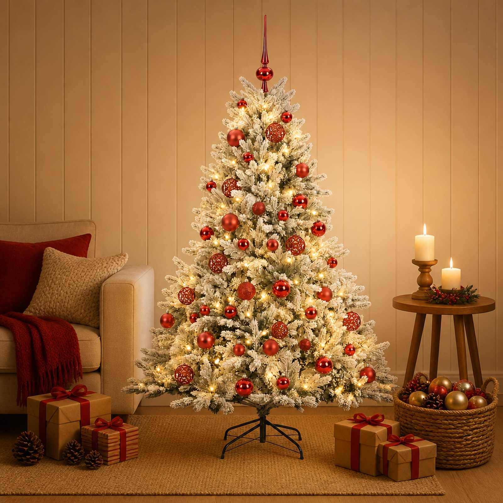 Dekorierter weißer Weihnachtsbaum mit roten Kugeln und Lichtern in einem gemütlichen Wohnzimmer, neben eingepackten Geschenken, Kerzen und einem Sofa.