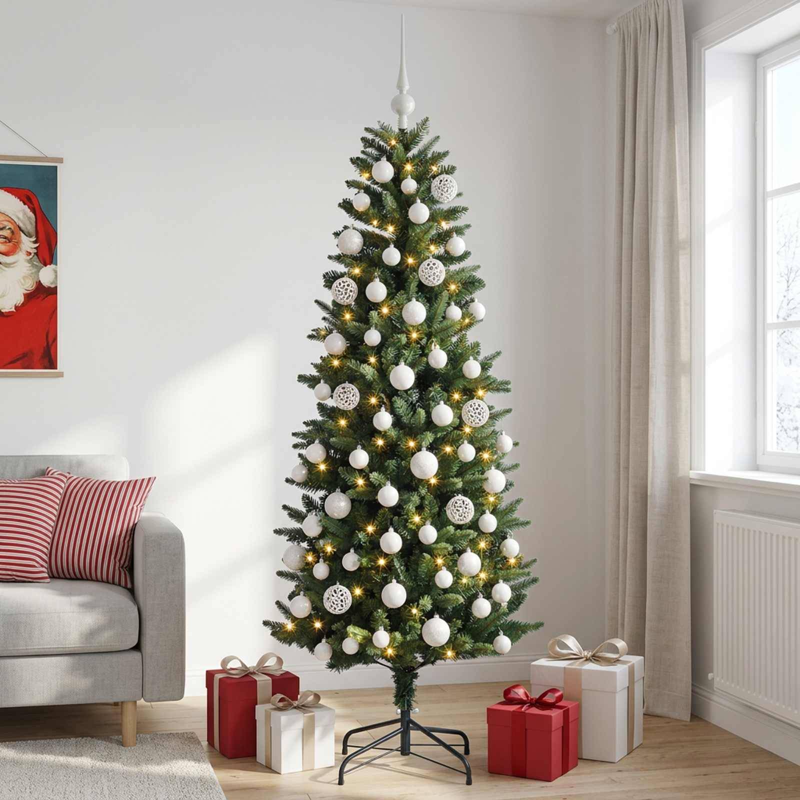 Geschmückter Weihnachtsbaum mit weißen Kugeln und Lichtern neben verpackten Geschenken in einem hellen Wohnzimmer.