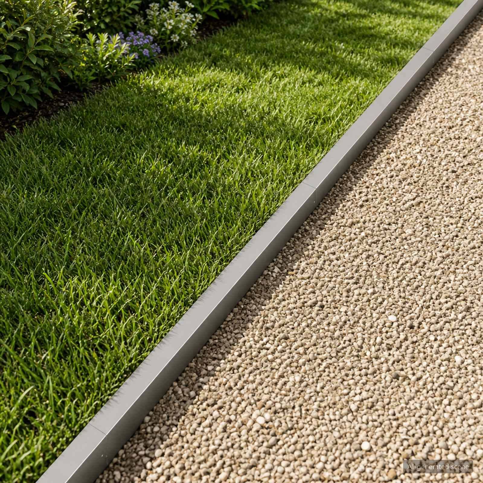 Diagonale Metalleeinfassung trennt einen üppig grünen Rasen von einem beige Kiesweg in einem gestalteten Garten.