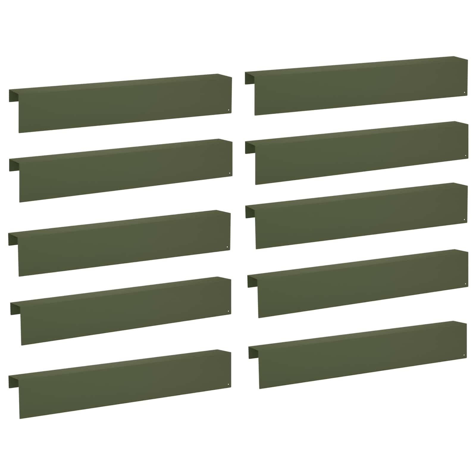 Zehn olivgrün gefärbte horizontale Metallregalbrackets in zwei Spalten auf weißem Hintergrund angeordnet.