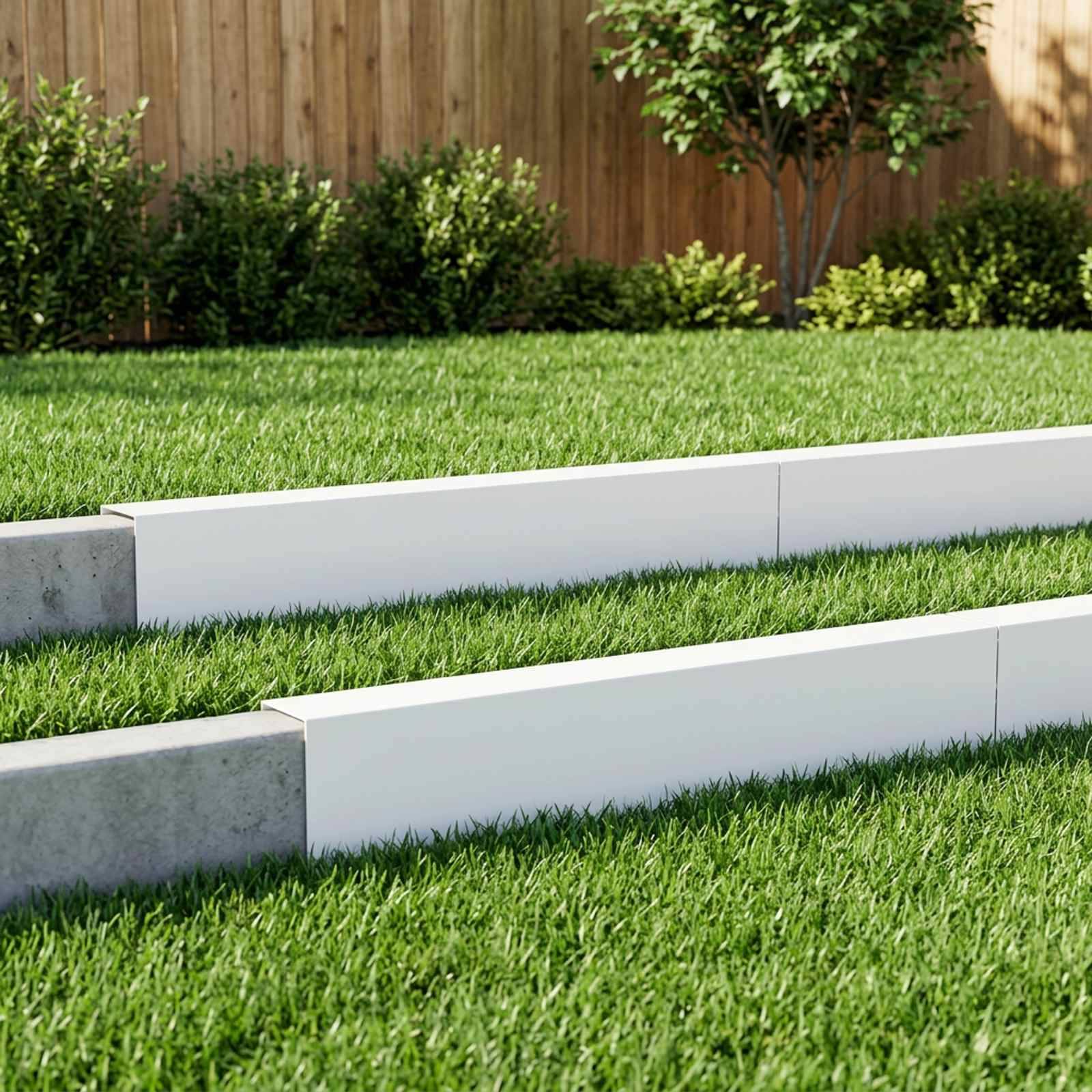 Abgestufter grüner Rasen mit drei weißen und Beton-Stützmauern in einem angelegten Garten.