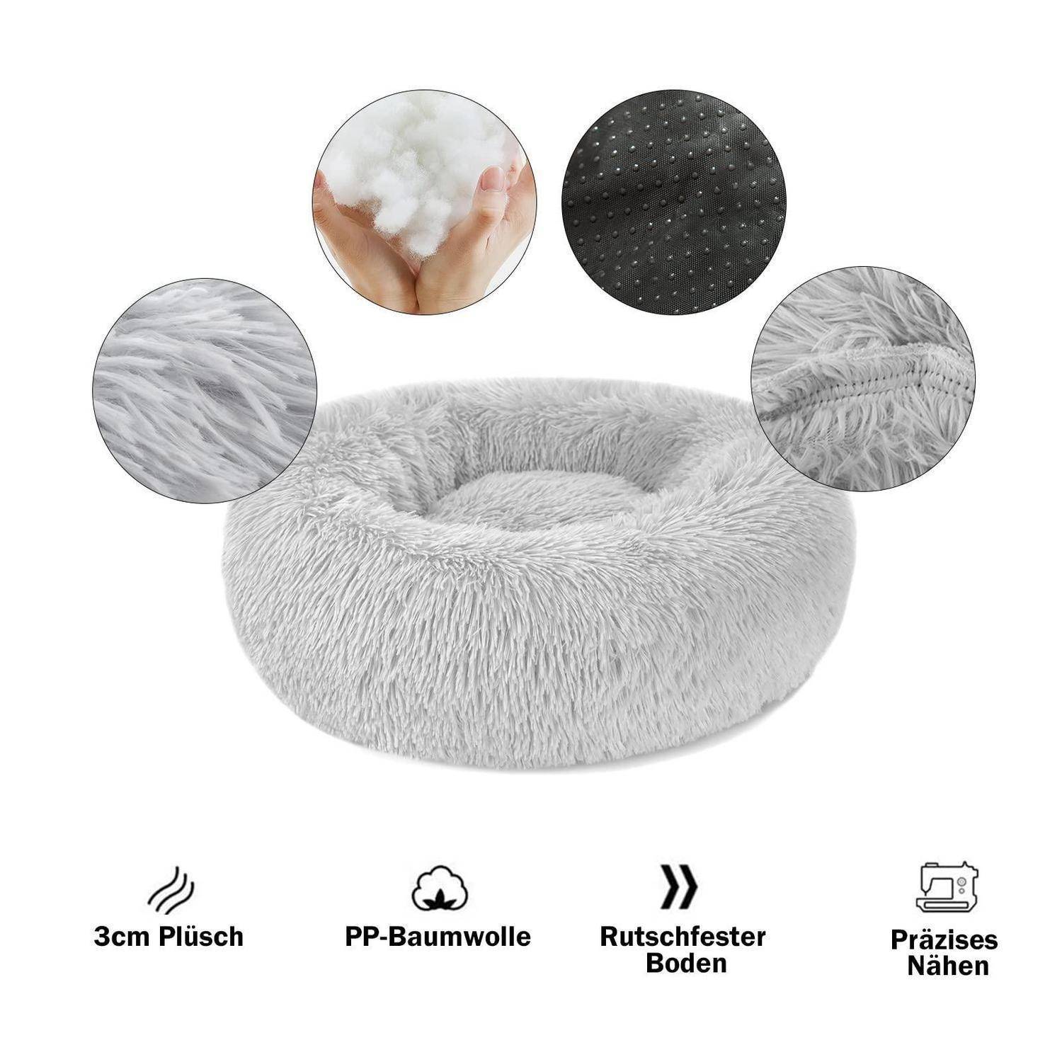 Hundebett Katzenbett Flauschig Rund Donut 100cm Hellgrau Waschbar