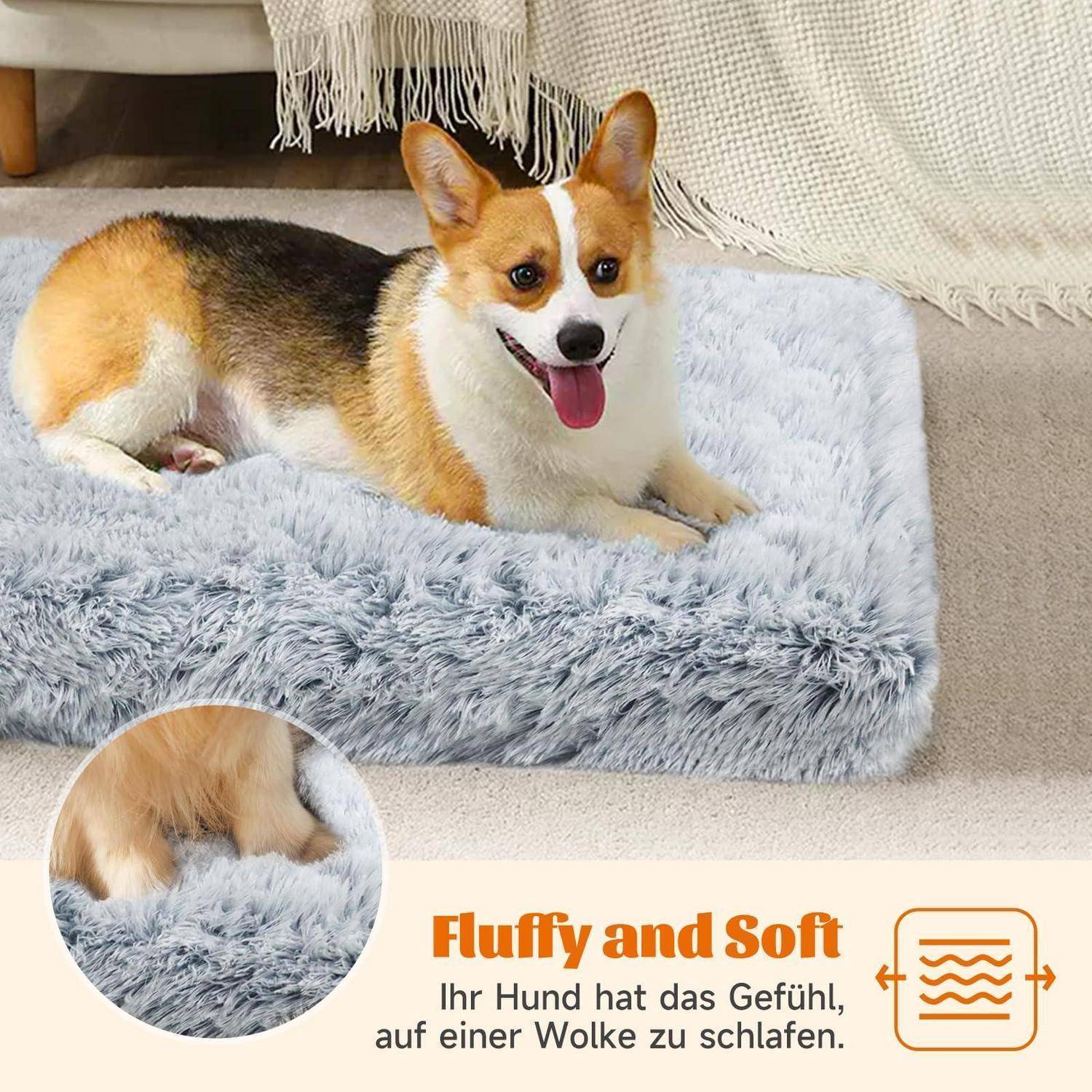 Corgi, der auf einem flauschigen grauen Hundebett liegt; Nahaufnahme im Inset und Text auf Deutsch sagt „Flauschig und weich" und „Ihr Hund fühlt sich an, als würde er auf einer Wolke schlafen."