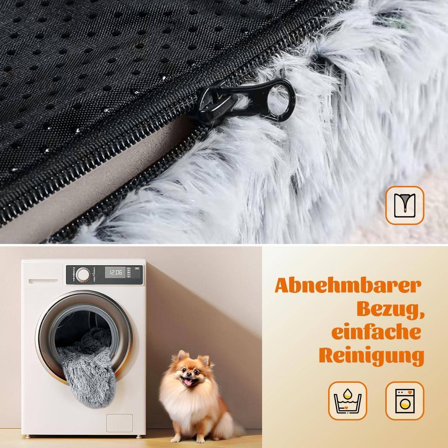 Abnehmbarer Kunstfellbezug für das Haustierbett mit Reißverschluss, plus Waschmaschine und Hund; deutscher Text besagt „Abnehmbarer Bezug, einfache Reinigung" (abnehmbarer Bezug, einfache Reinigung).