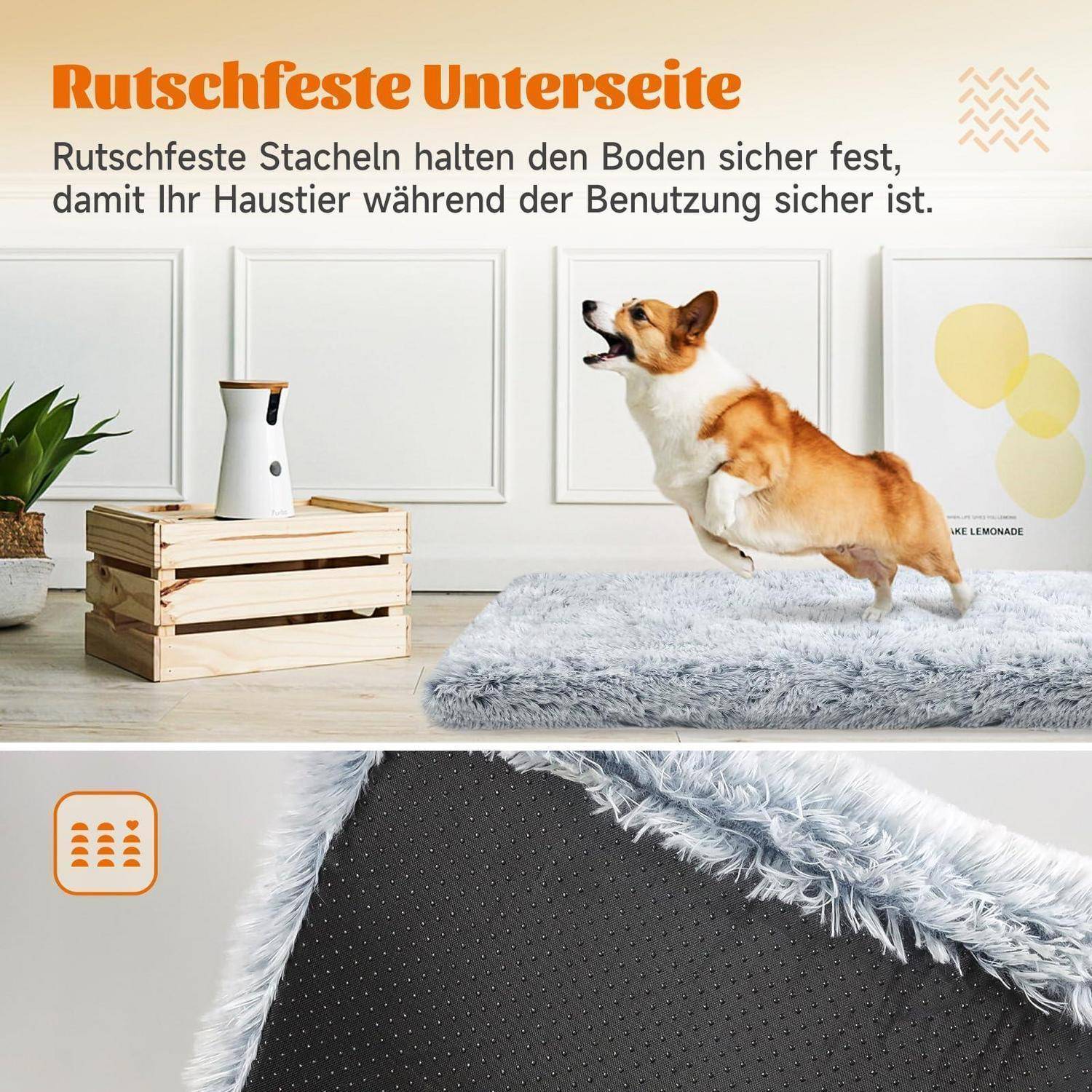 Hund springt auf einen grauen Teppich; die Einfügung zeigt die rutschfeste Unterseite mit Griffnoppen. Der Text sagt „Rutschfeste Unterseite" und erklärt, dass die Noppen den Boden sicher halten.
