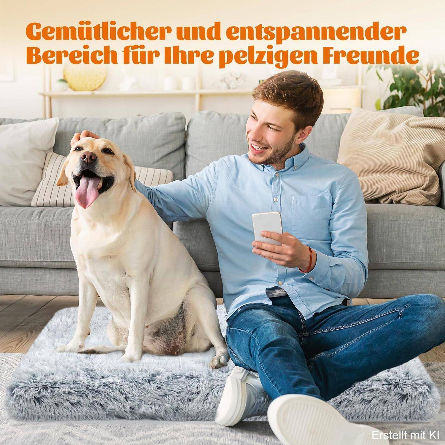 Ein Mann sitzt auf einem flauschigen Teppich neben einem Labrador auf einem Sofa in einem gemütlichen Wohnzimmer; deutscher Text besagt „Komfortabler und entspannender Bereich für deine pelzigen Freunde".
