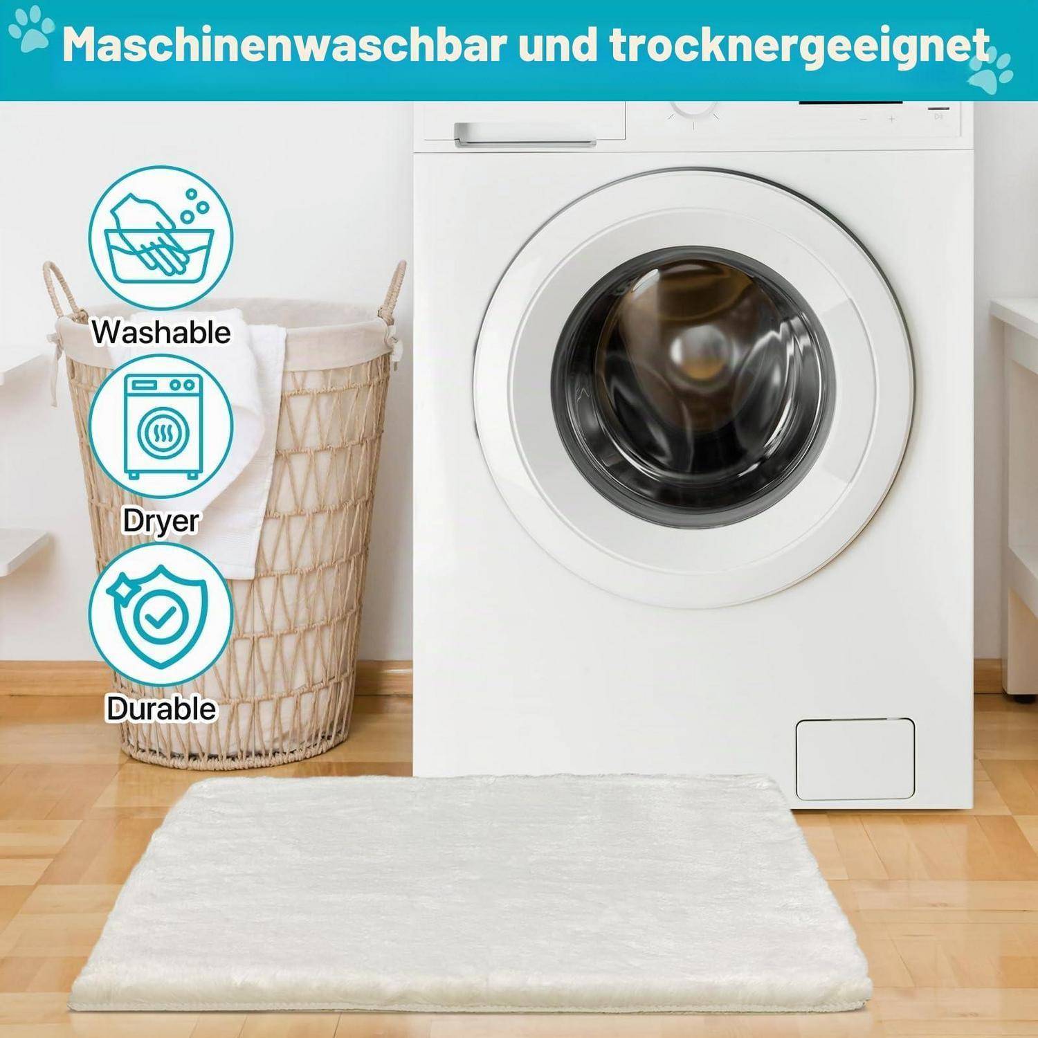 Weißer waschbarer, trocknergeeigneter, langlebiger Badteppich neben einer Frontladewaschmaschine dargestellt, mit deutschem Text „maschinenwaschbar und trocknergeeignet".